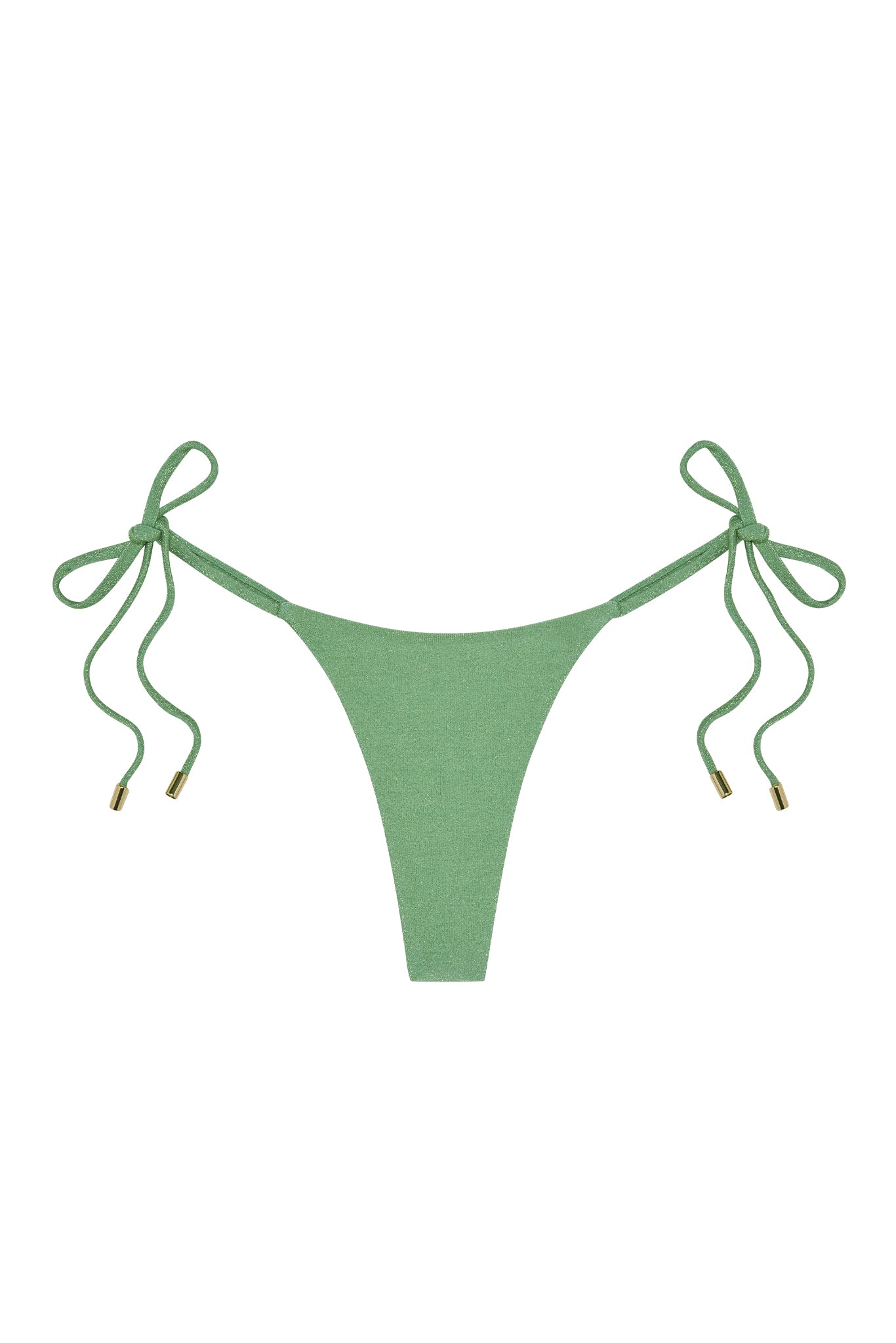 Green tie-side bikini bottom with narrow front panel and gold-tipped side cords