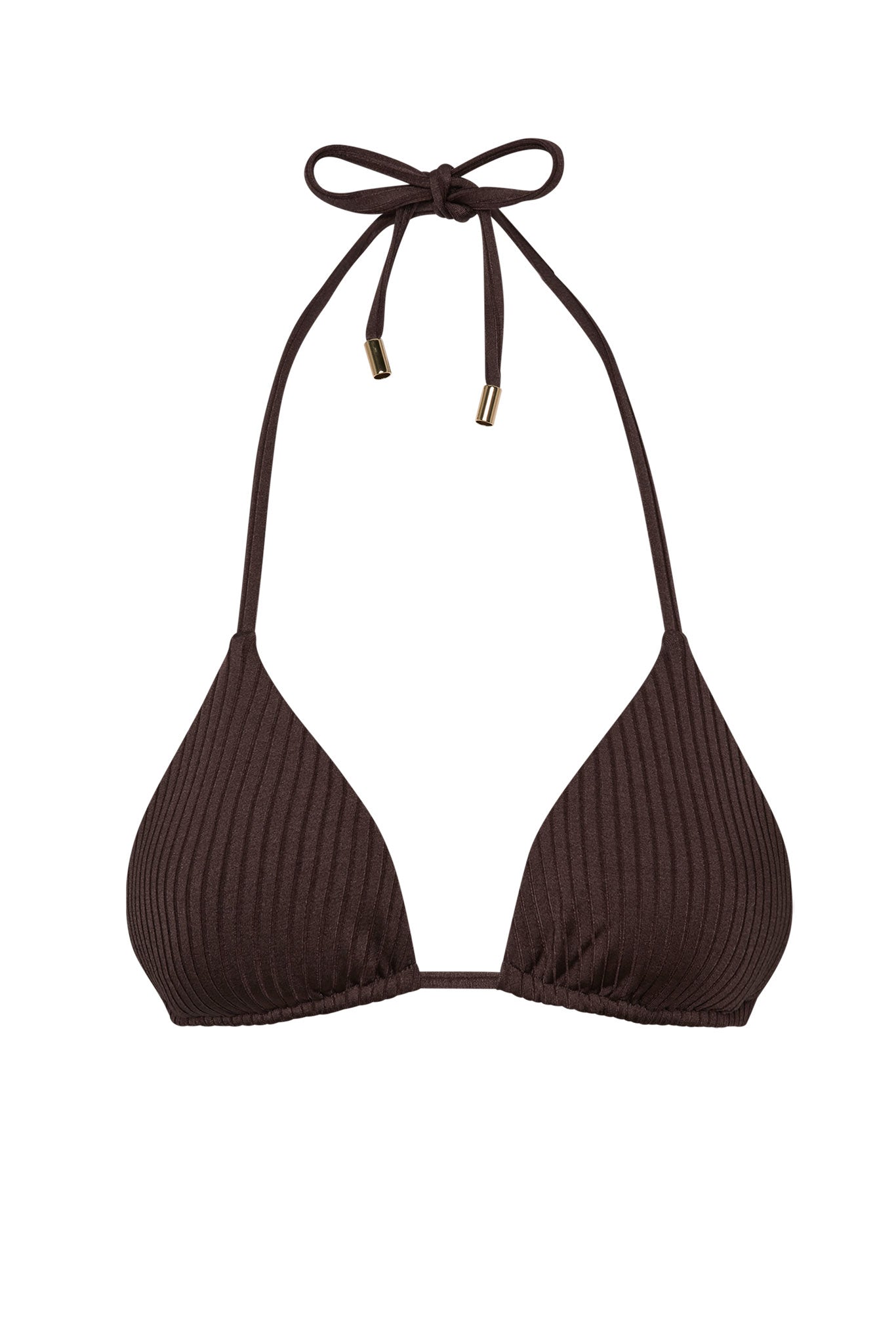 Ribbed dark-brown triangle bikini top with halter tie and small gold end caps