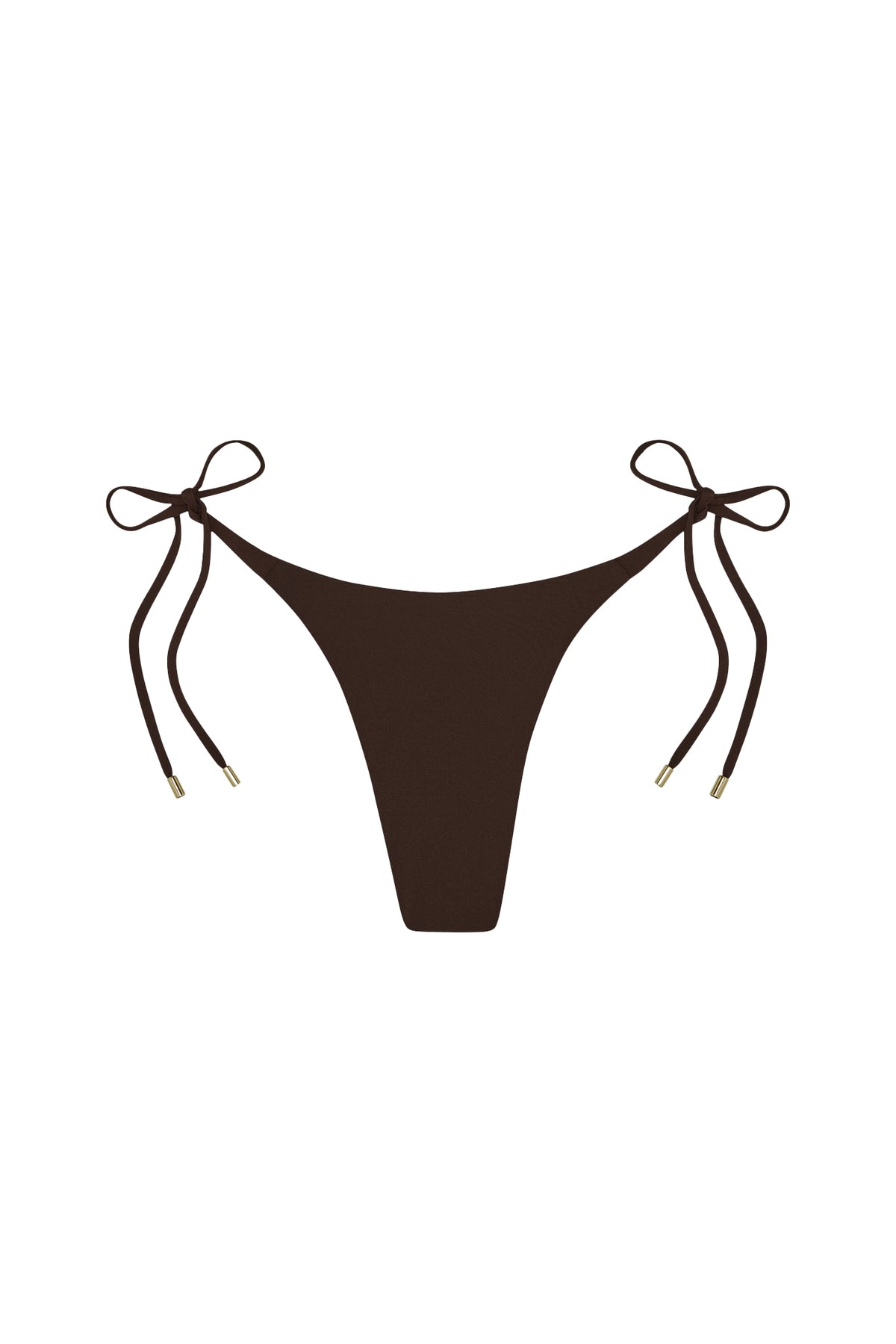Front view of Palma Bottom in Espresso showcasing adjustable side ties and gold hardware on a white background