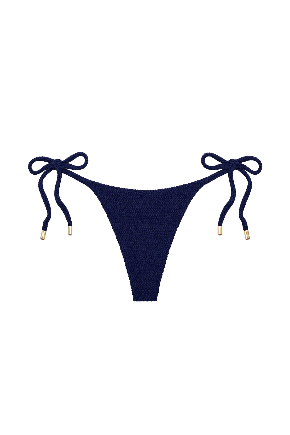 Front view of Palma Bottom in Midnight Crinkle showcasing tie-sided triangle design, adjustable side ties and gold hardware