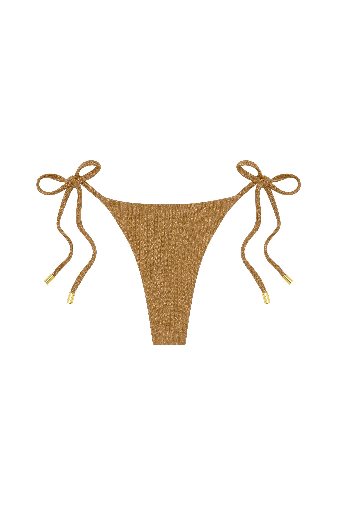 Front view of Palma thong in antique gold Lurex rib, ribbed fabric and side tie straps with gold metal tips on white background