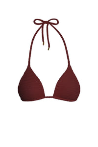Front view of the Palma top in deep burgundy crinkle showing triangle cups, tie straps, and gold tips on white