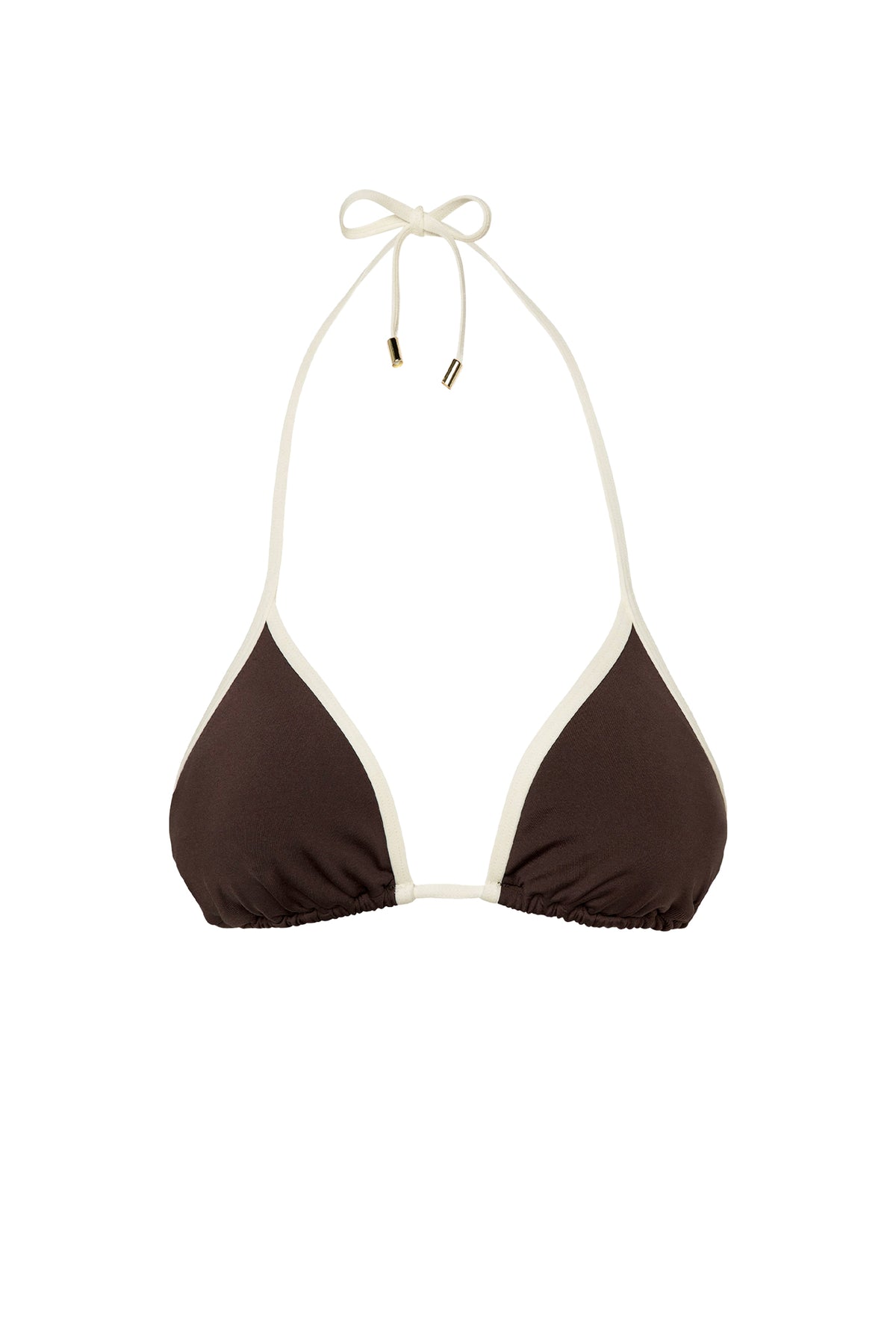 Front view of Palma Top in Espresso/Ivory showcasing triangle cups, ivory trim, and gold tie hardware on white background