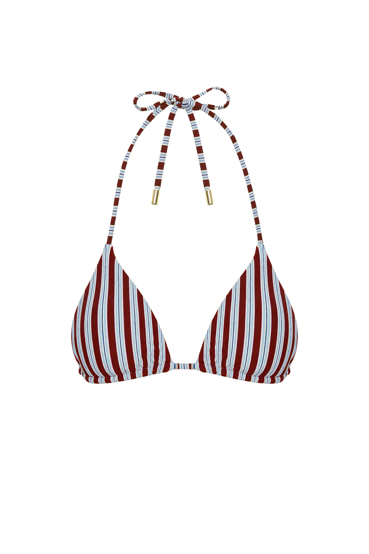 Front view of Palma Top in Milano Stripe showcasing burgundy, blue, and white vertical stripes with a white background