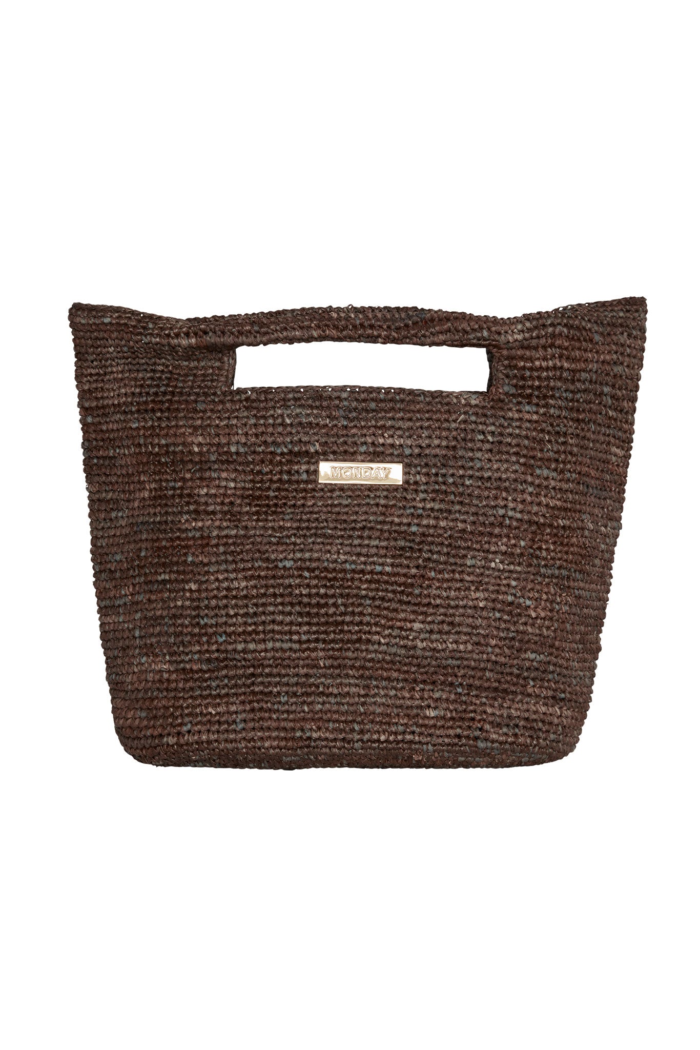 Brown woven tote bag with rectangular built-in handle and small metal badge reading MONDAY