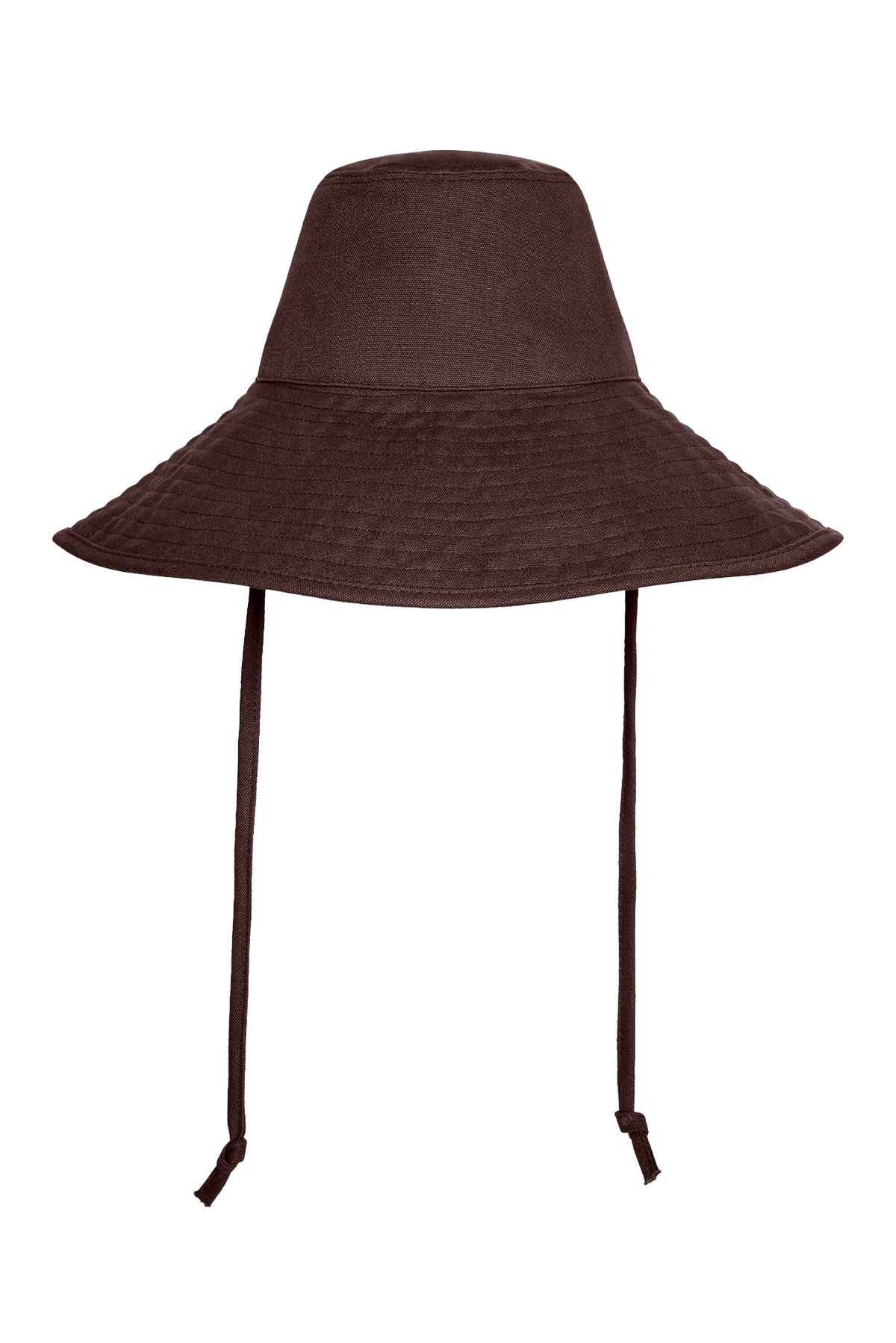 Front view of Panarea Hat in Espresso showcasing cotton canvas, wide floppy brim, and adjustable tie with a white background