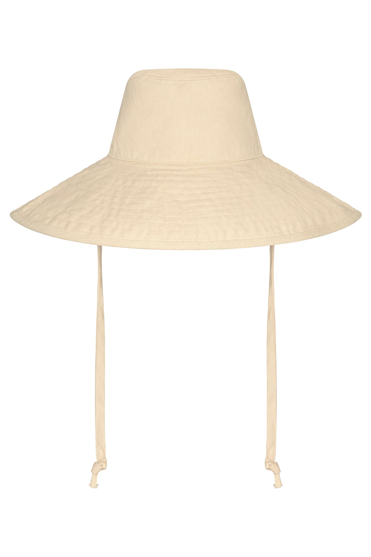Front view of Panarea Hat in natural showcasing its wide floppy brim and adjustable chin ties against a white background