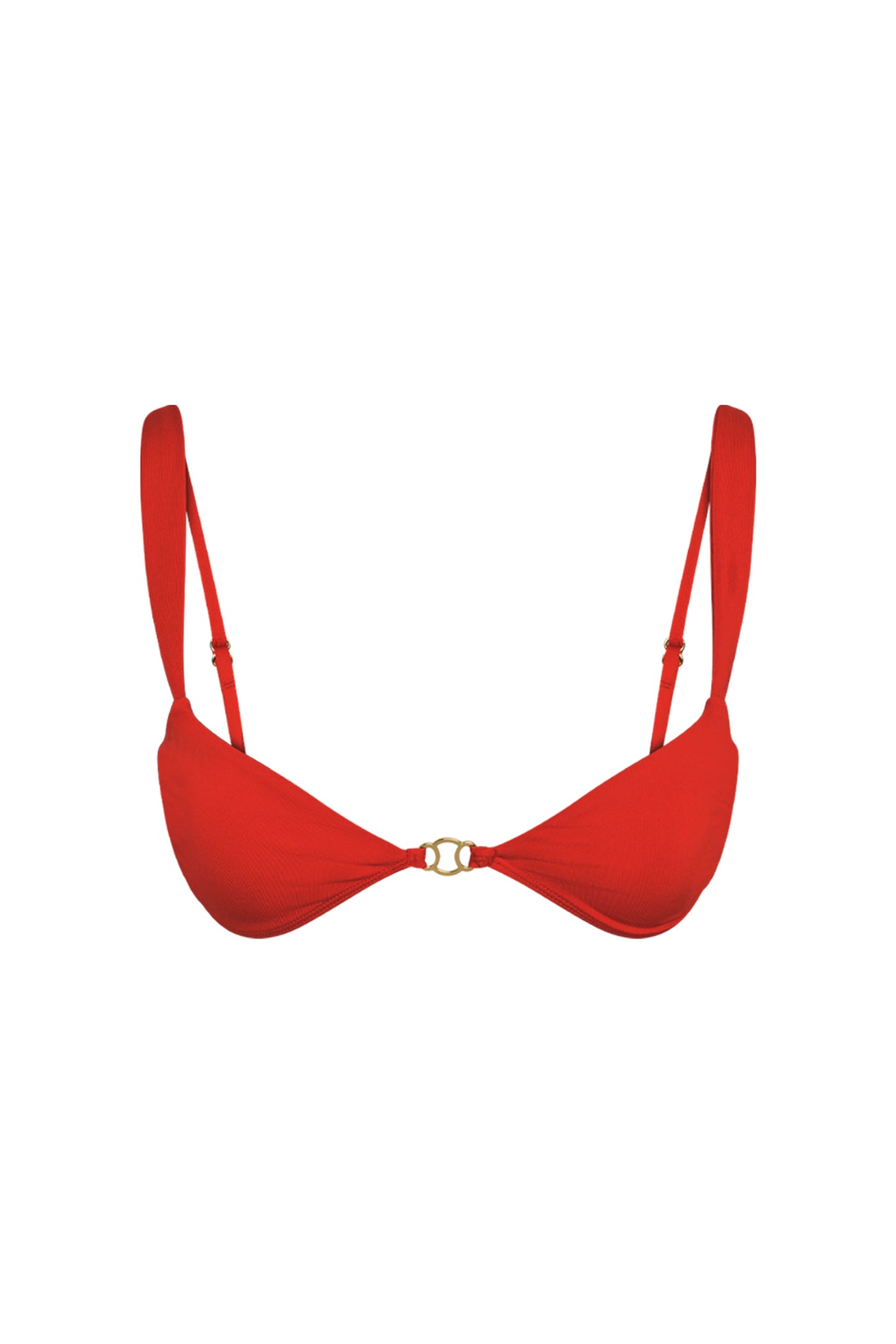 Front view of Petit Ermitage Top in Chili Pepper with gold front hardware, adjustable straps and tie-back on white background