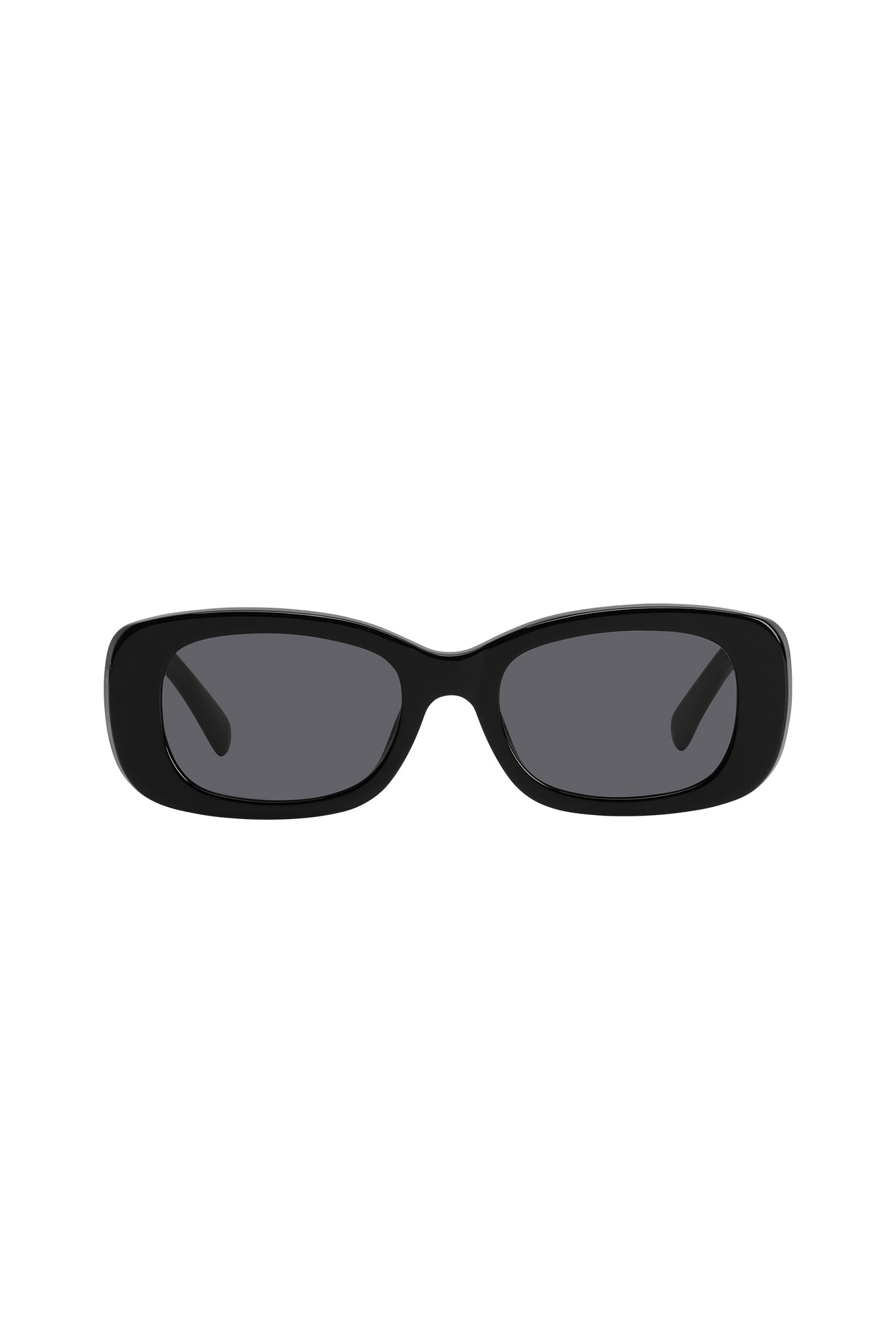 Black rectangular sunglasses with dark lenses centered on white background.