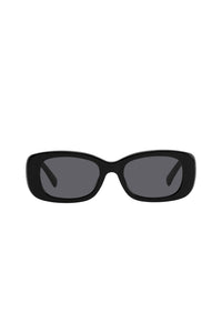 Black rectangular sunglasses with dark lenses centered on white background.