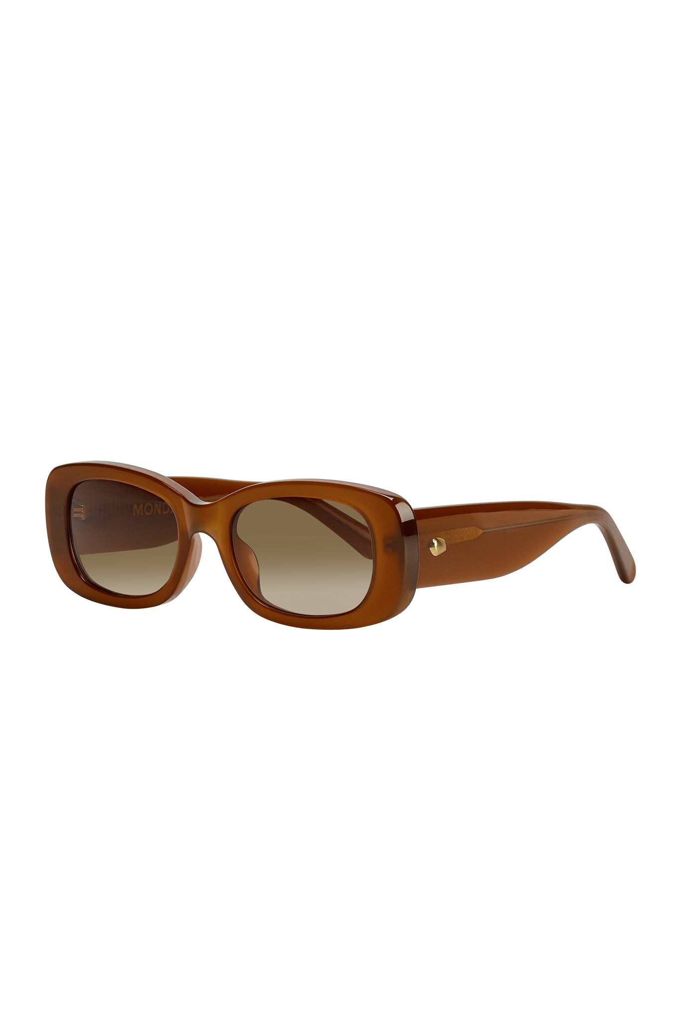 Brown rectangular acetate sunglasses with gradient brown lenses and small gold rivet on each temple.