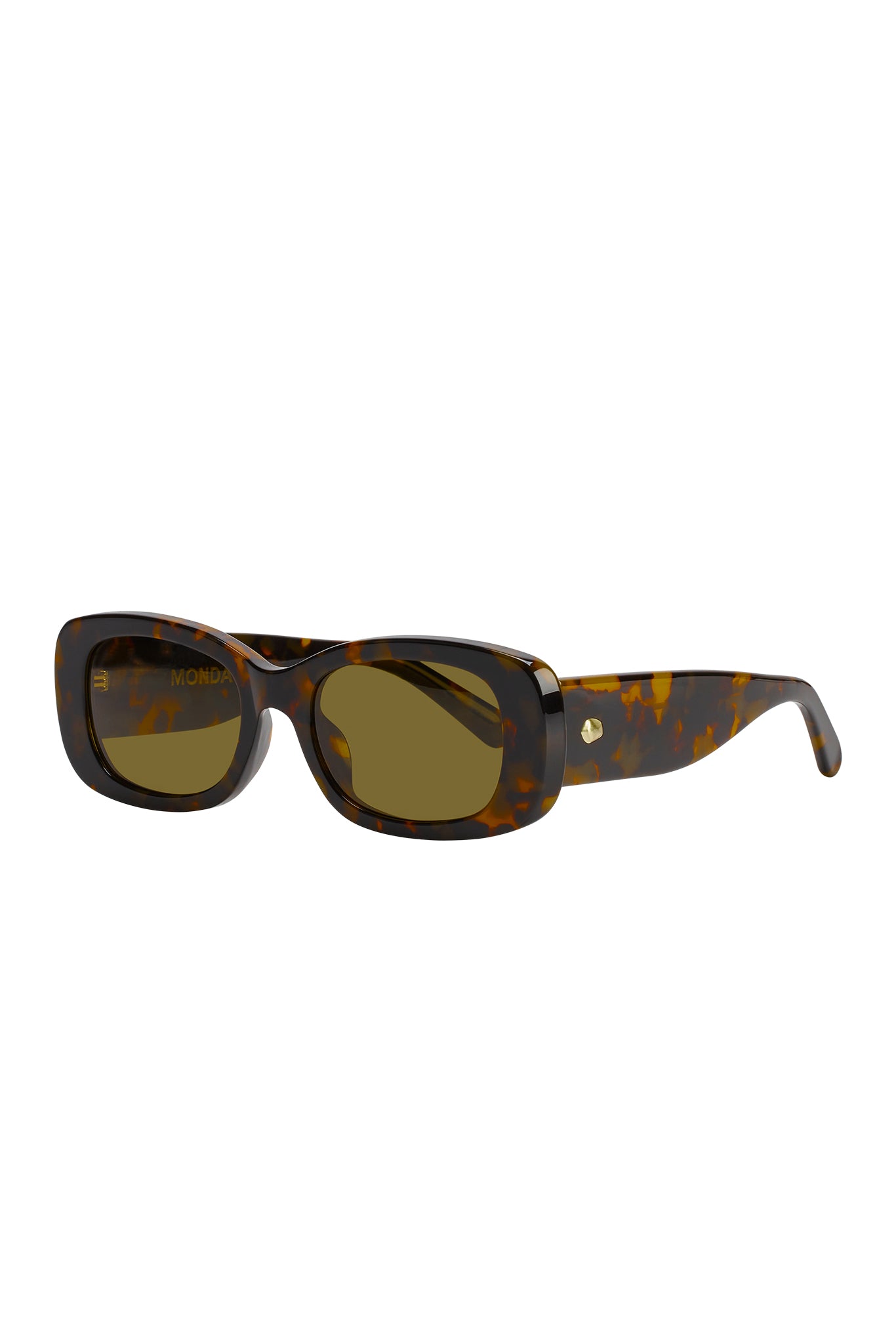 Tortoiseshell rectangular sunglasses with olive lenses, chunky temples and gold stud hinge; visible text on left lens: MONDA