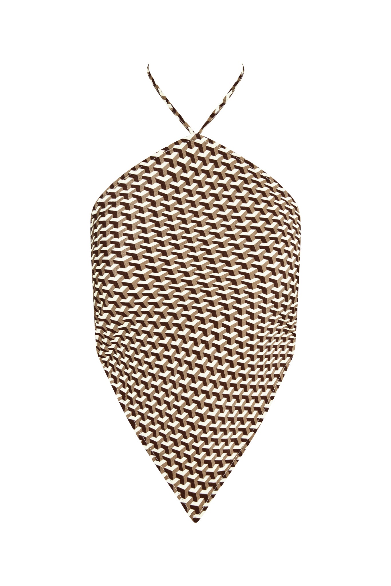 Front close-up of Prato Top in Husk Geo Silk showing halter tie and brown-and-cream geometric print on white background