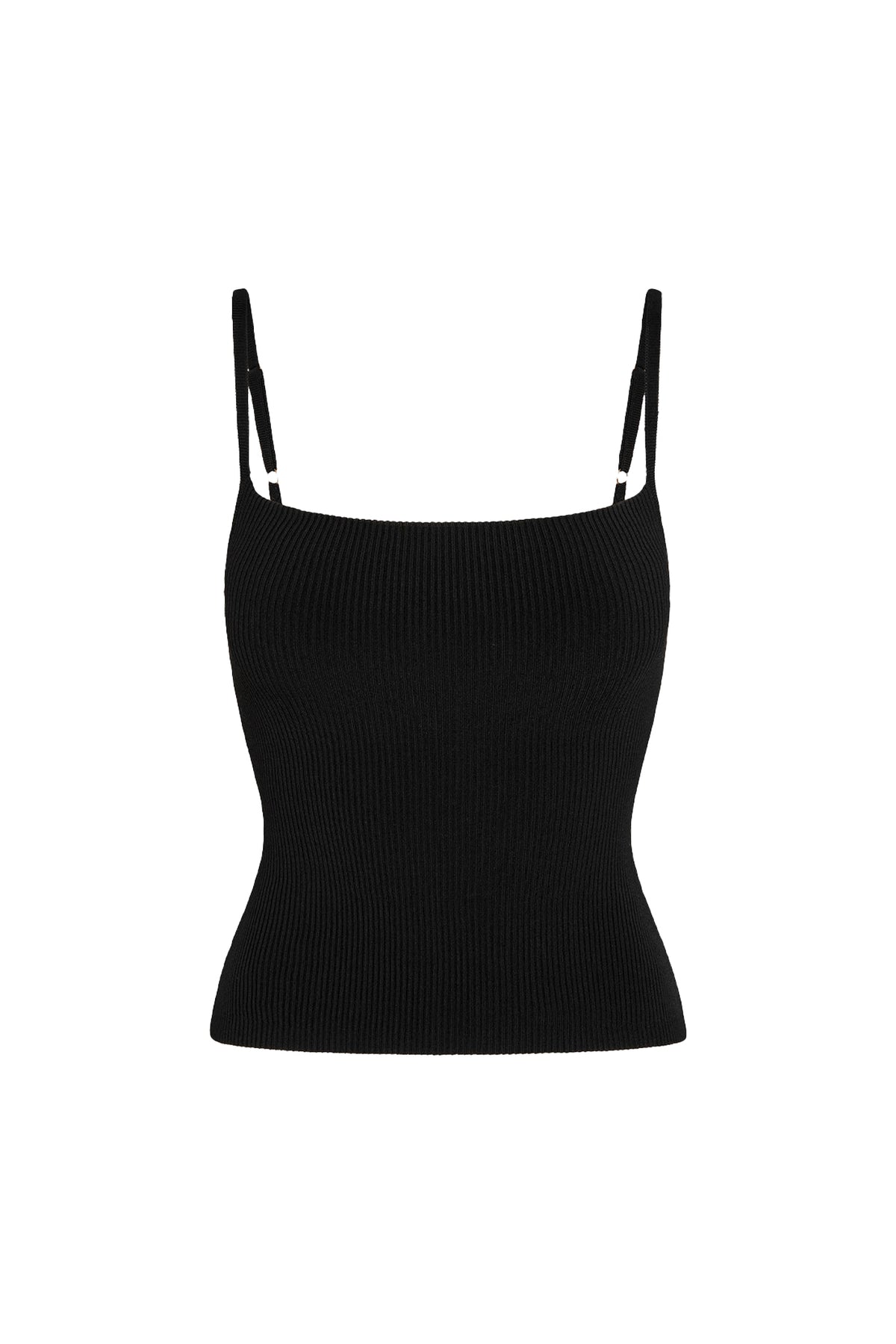 Front view of Provence Top in Black Knit Rib showcasing ribbed texture, square neckline, and thin adjustable straps against a white background