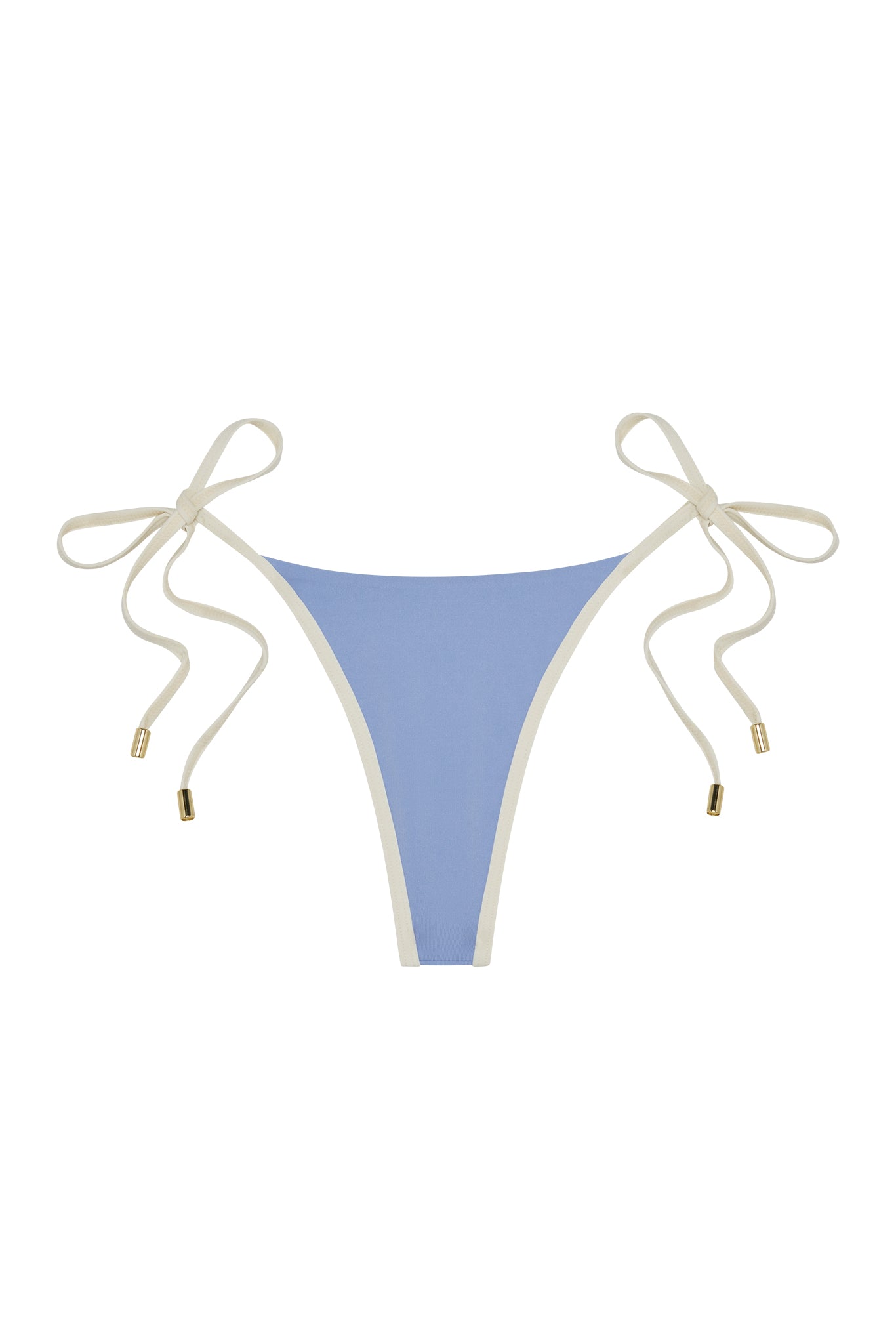 Light blue triangle bikini bottom with cream tie-side straps and gold metal end caps