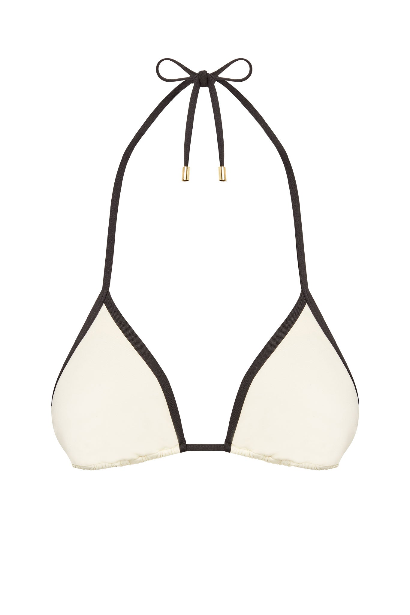 White triangle halter bikini top with black trim and gold-tipped ties