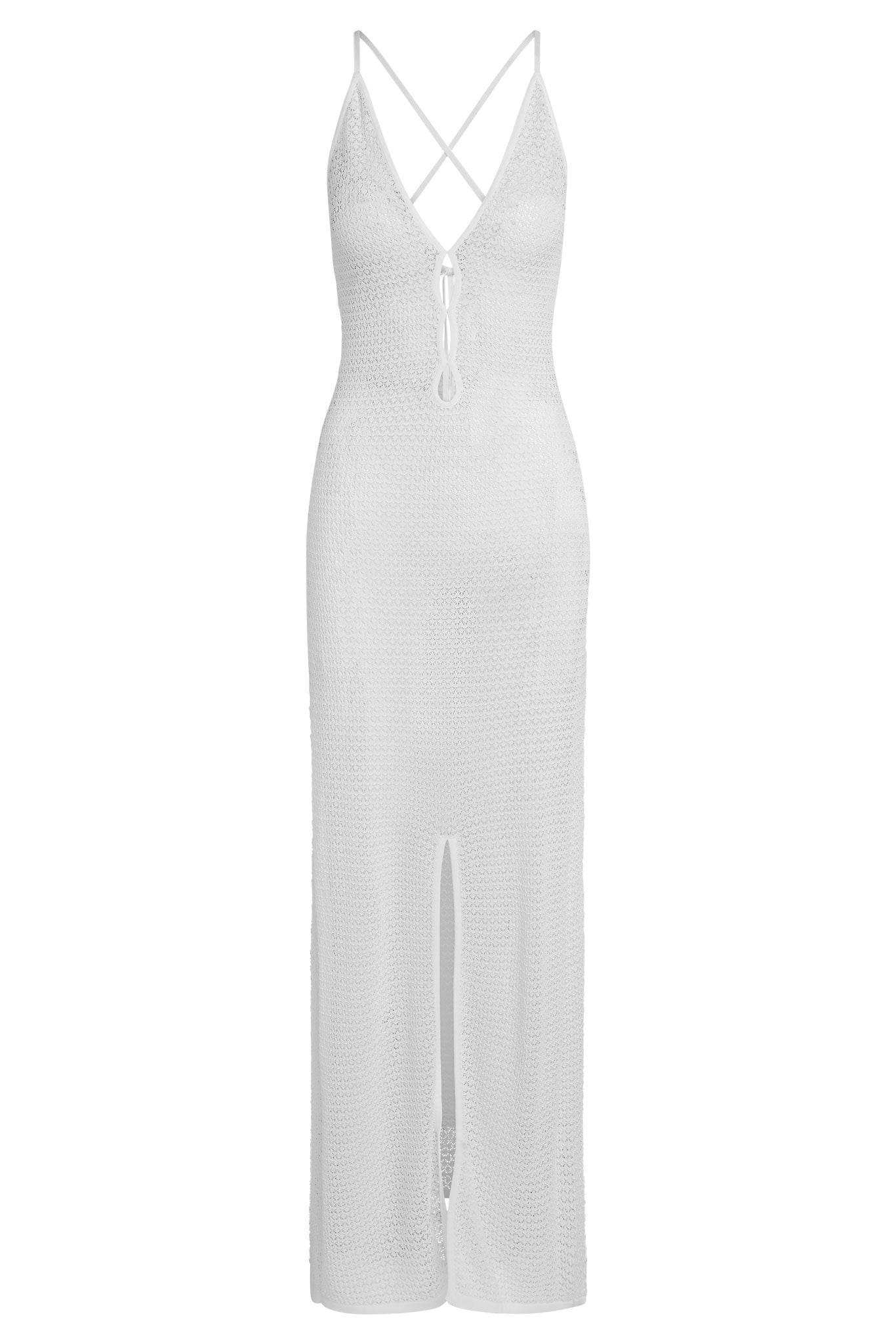 White crochet maxi dress with deep V-neck, crisscross back straps, front tie detail and center front slit.