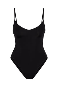 Front view of Ravello One Piece in black showcasing wide V neckline and adjustable shoulder straps with a white background