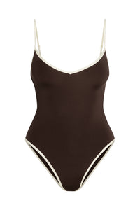 Front view of Ravello One Piece in espresso and ivory, showcasing ivory trim, V neckline, and adjustable straps on white