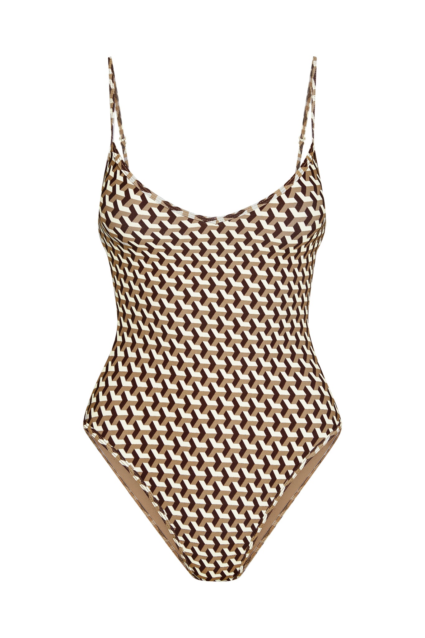 Front of Ravello One Piece in Husk Geo with brown geometric print, scooped V neckline and thin adjustable straps on white background