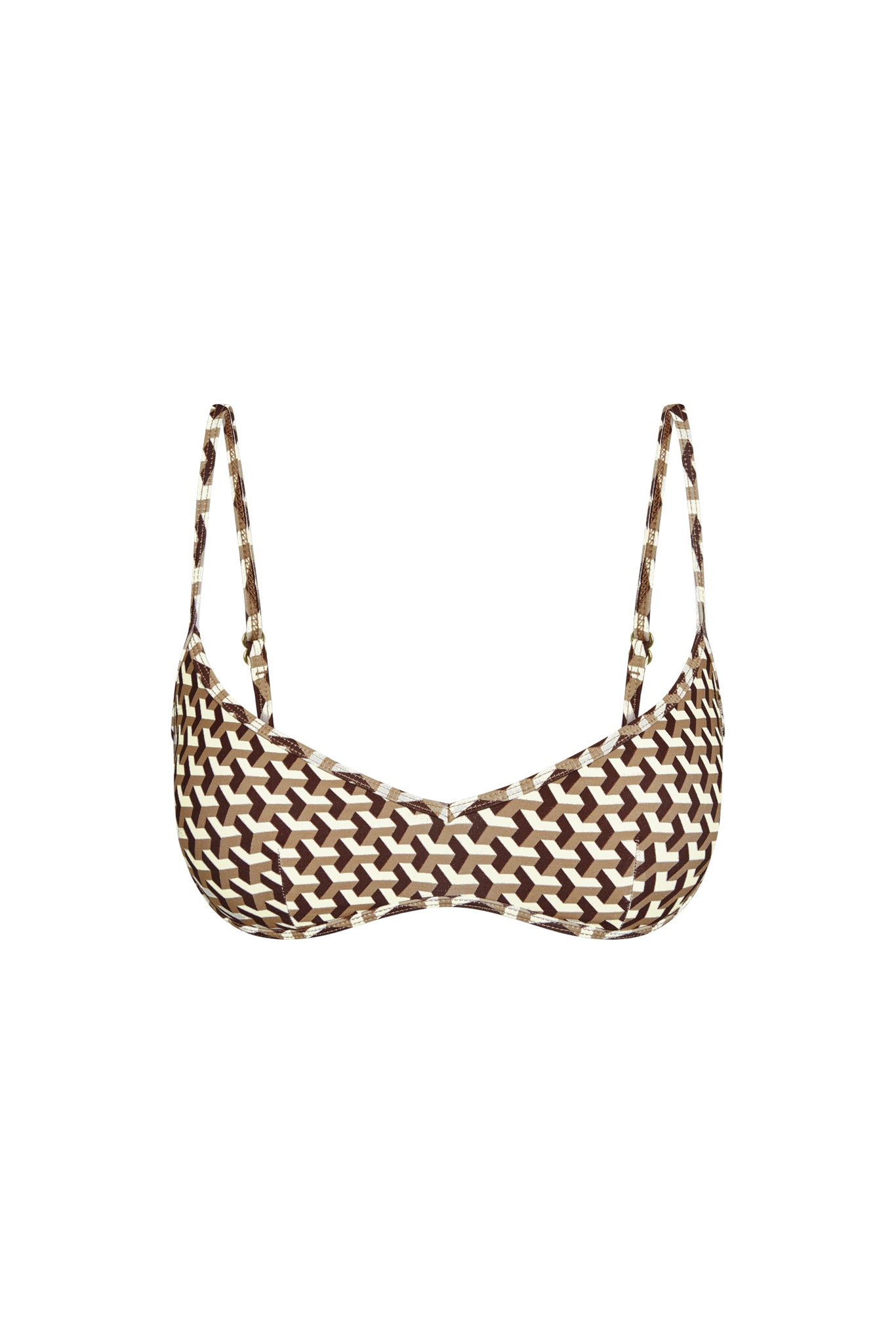 Front view of Ravello Top in Husk Geo showcasing balconette shape and thin adjustable straps on white background