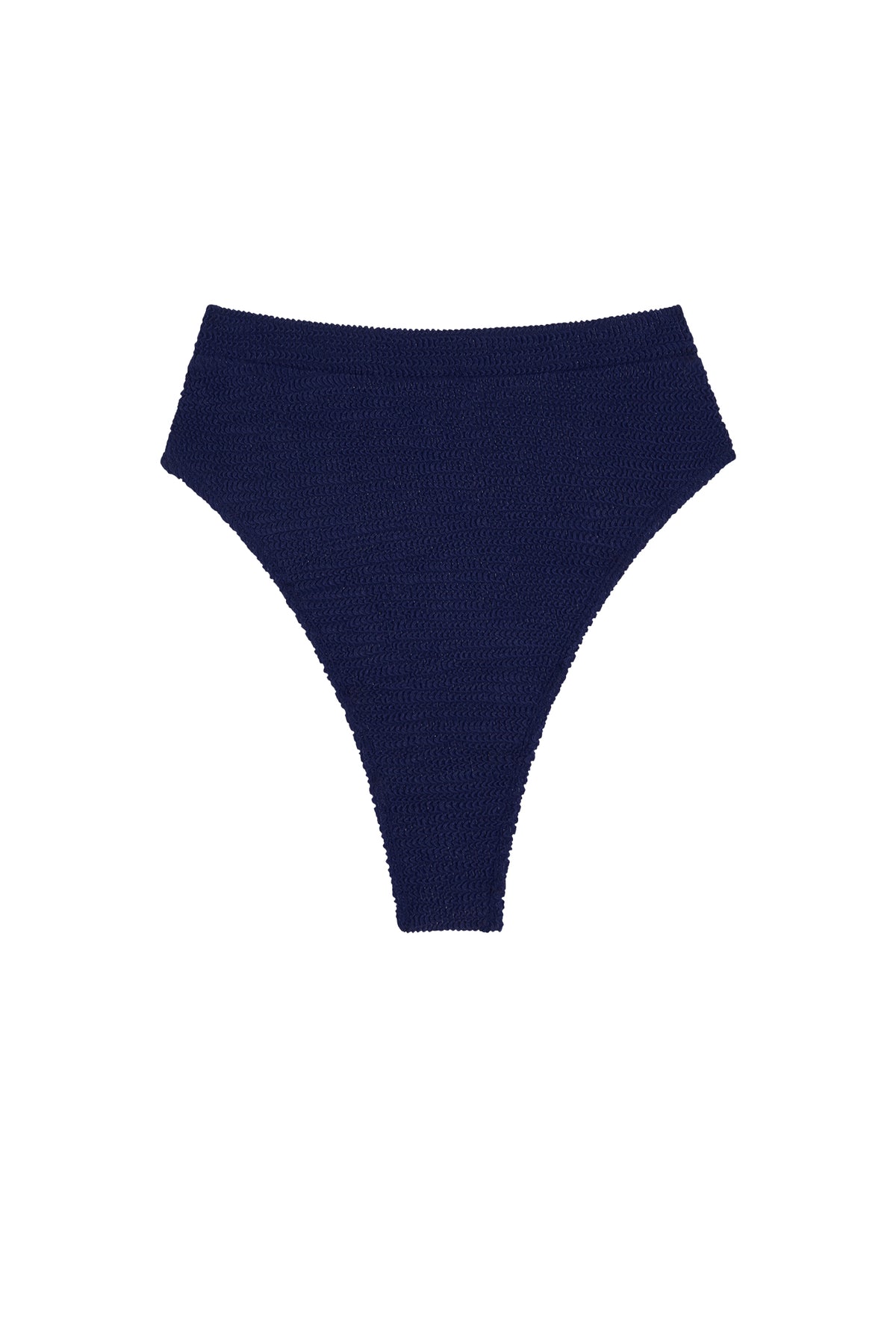 Front view of Riviera Bottom in Midnight Crinkle showcasing high-waist, high-cut leg and crinkle fabric on white background