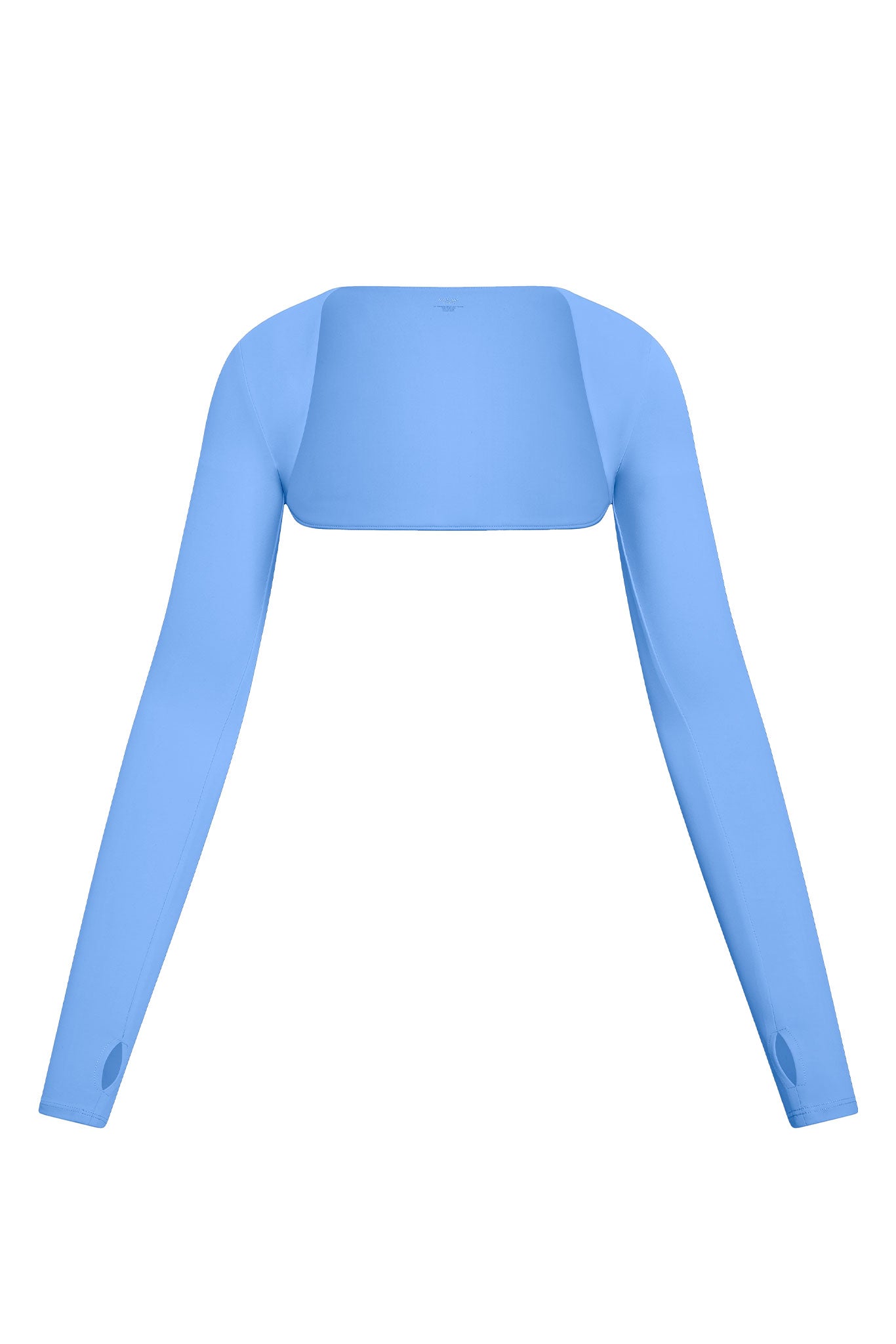 Light blue cropped bolero shrug with long sleeves and thumbholes, flat-lay on white background.