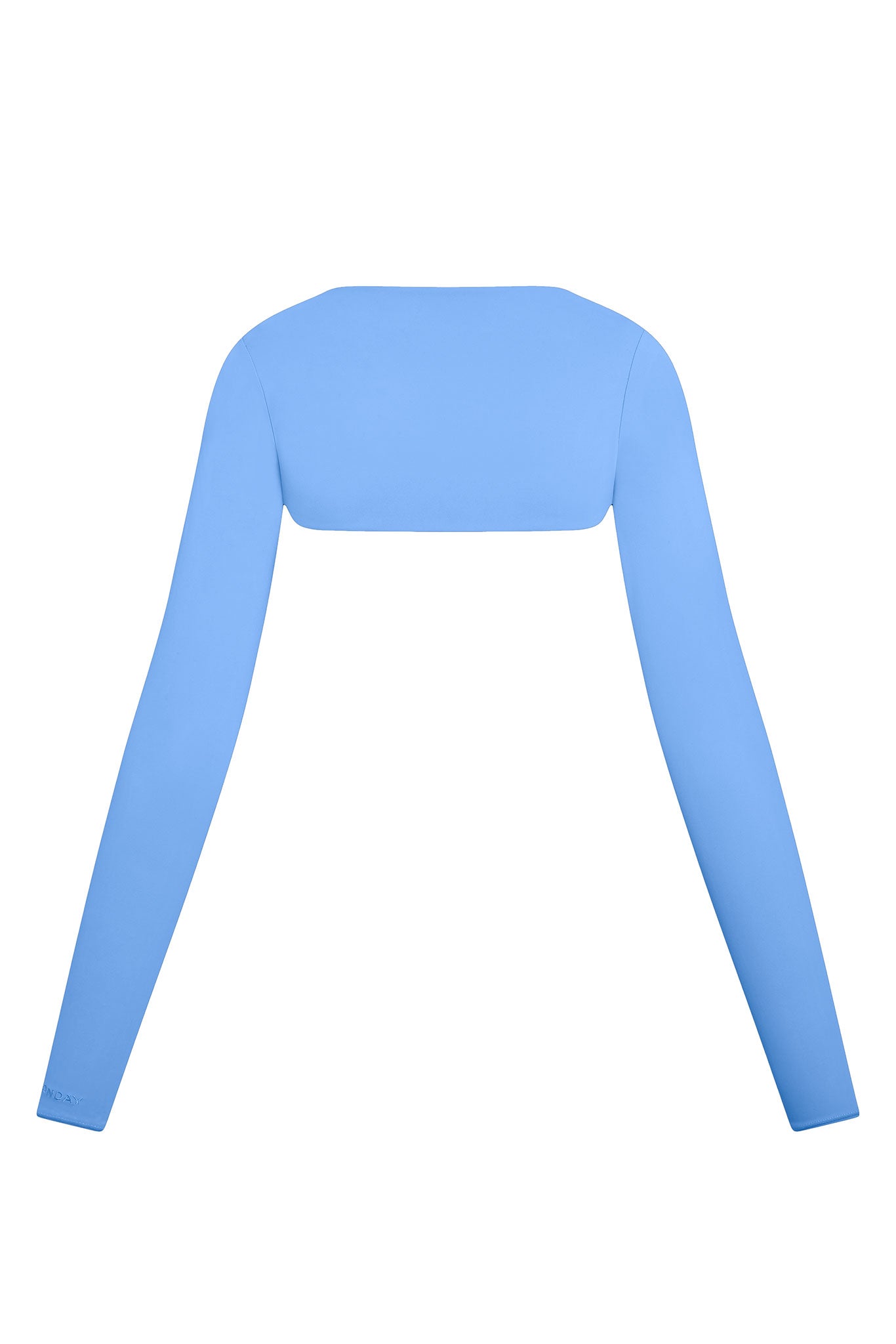 Light blue cropped long-sleeve bolero shrug, back view on white background.