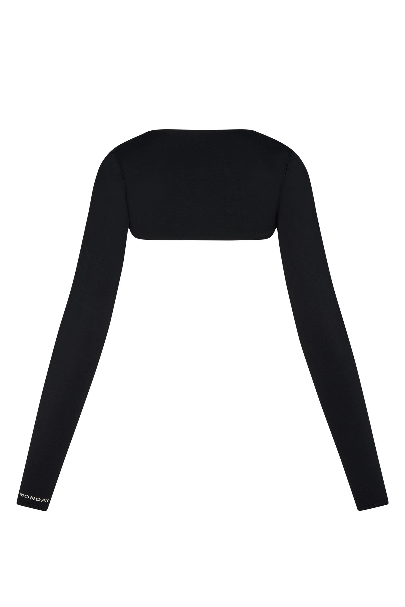 Black long-sleeve shrug with 'MONDAY' printed on left sleeve cuff.