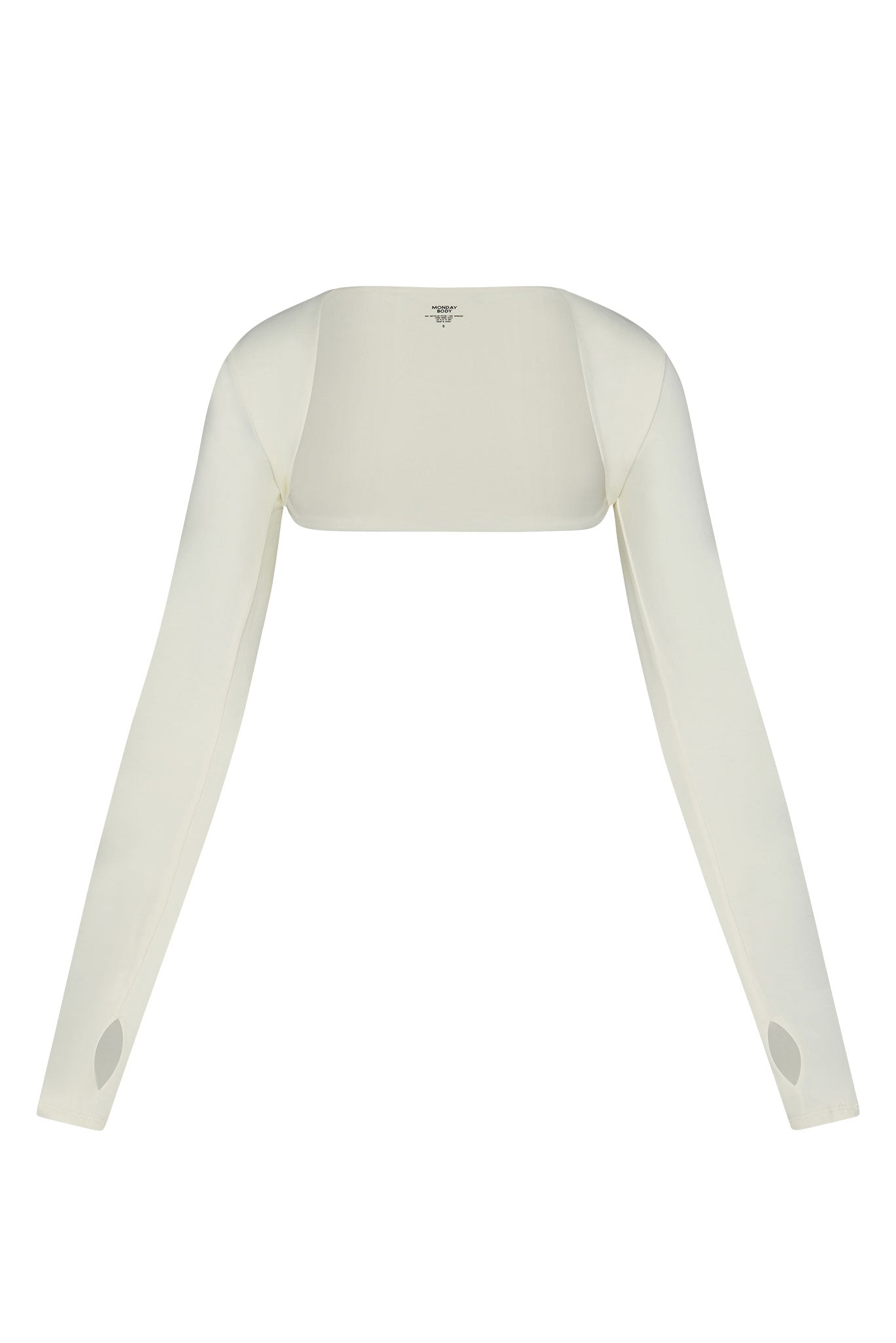 Ivory cropped bolero shrug with long sleeves and thumb holes, flat-lay on white background