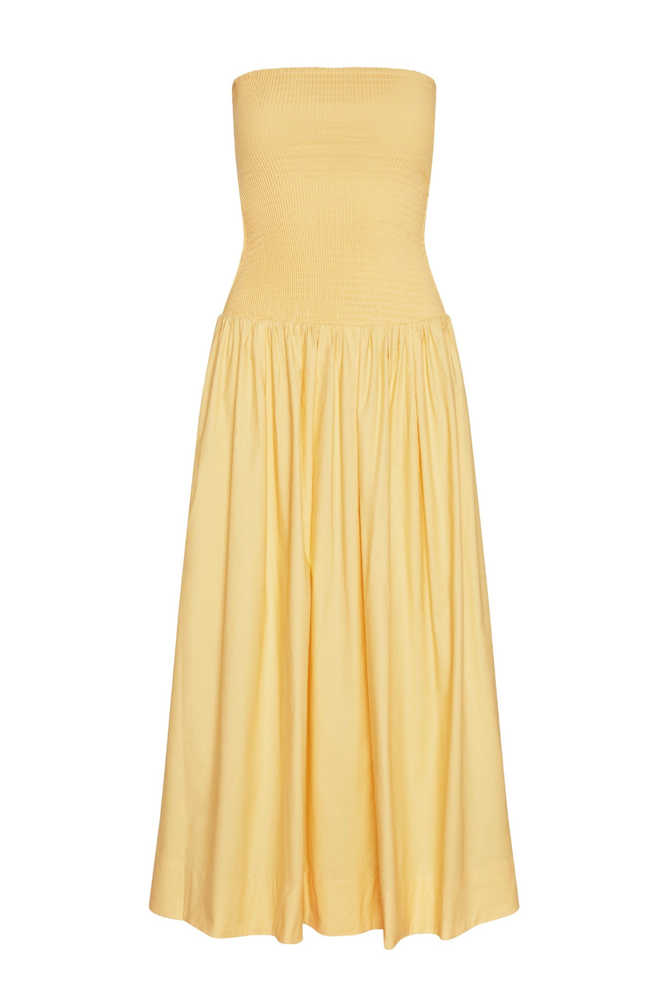 Strapless yellow maxi dress with smocked bodice and gathered full-length skirt