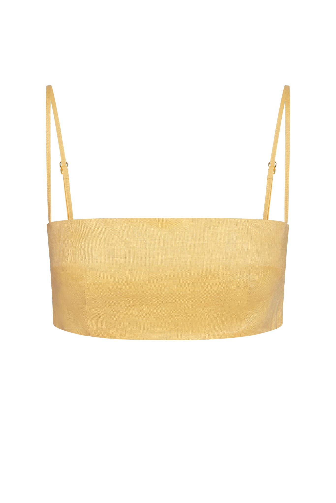 Yellow cropped square-neck camisole with thin adjustable shoulder straps, flat on white background