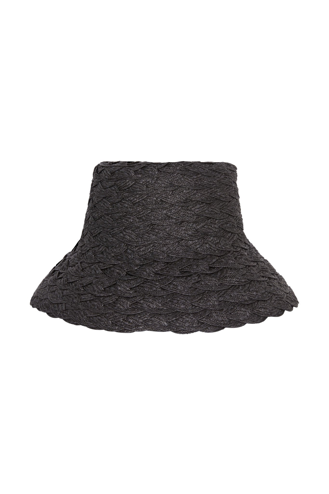 Black braided straw bucket hat with scalloped brim