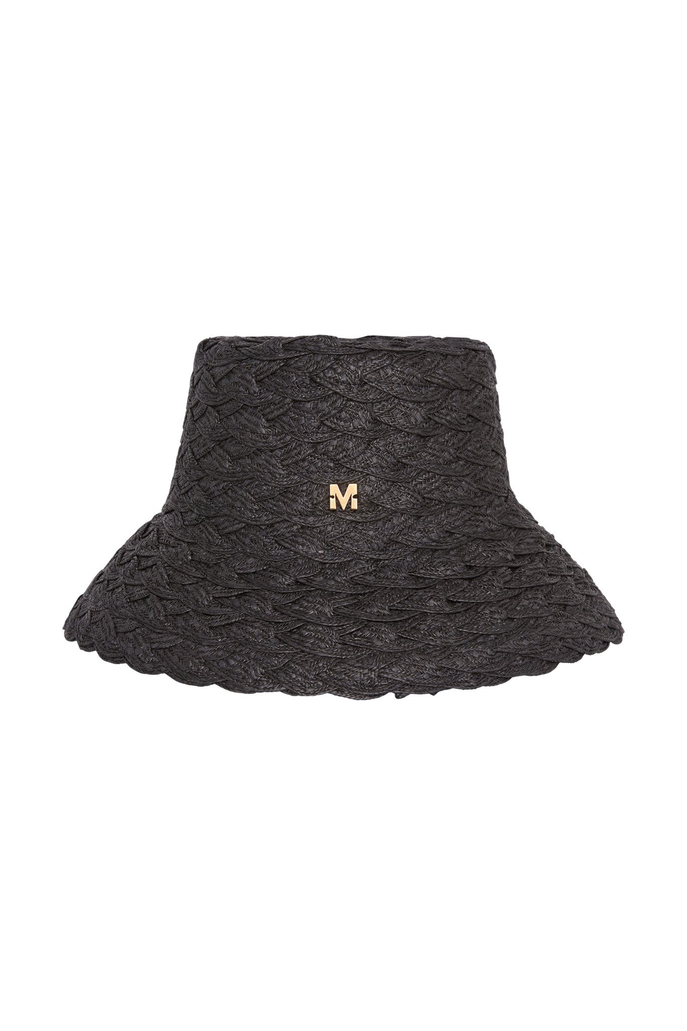 Black braided straw bucket hat with scalloped brim and small gold 'M' logo on crown.