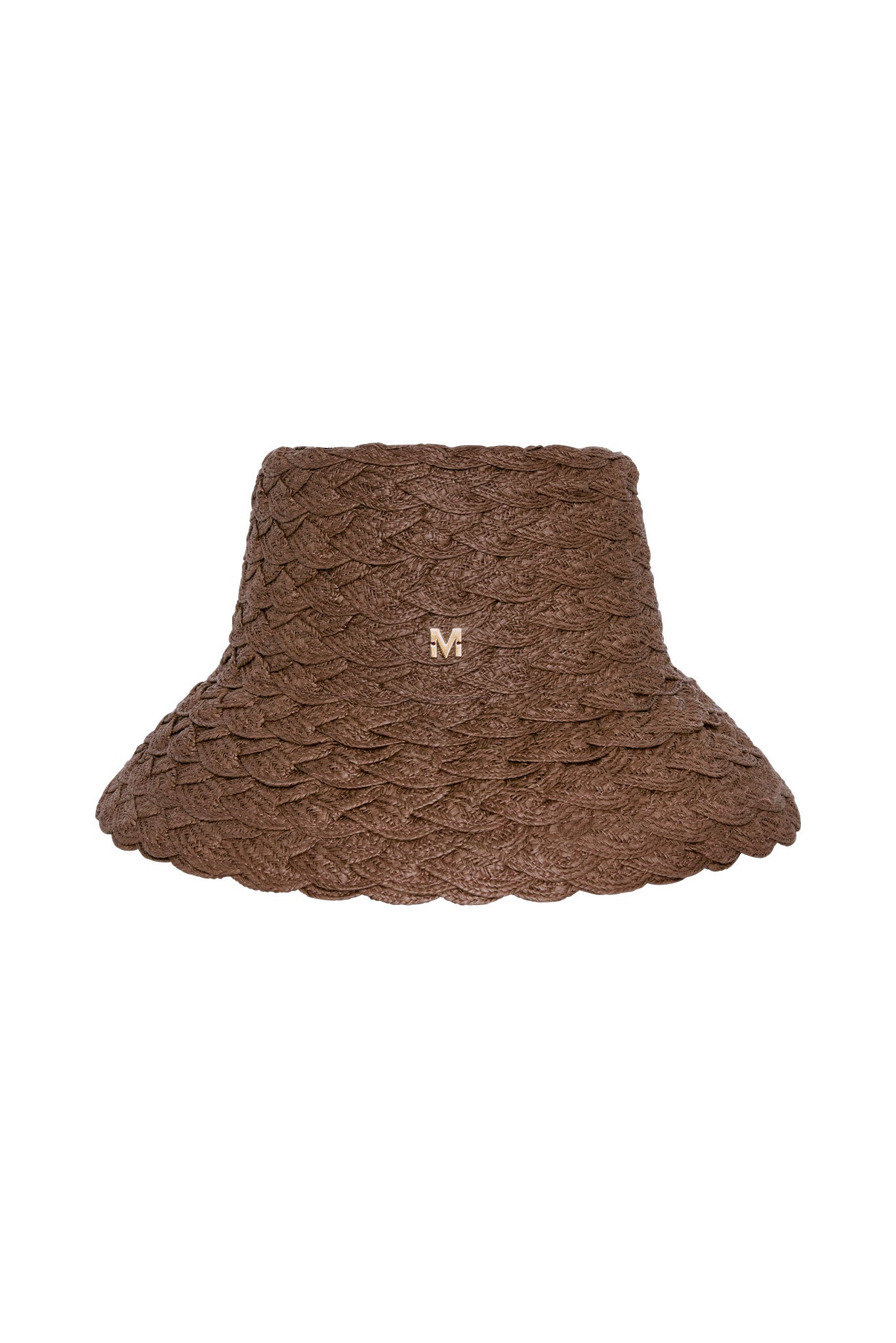 Brown braided straw bucket hat with scalloped brim and small gold M logo centered on front.