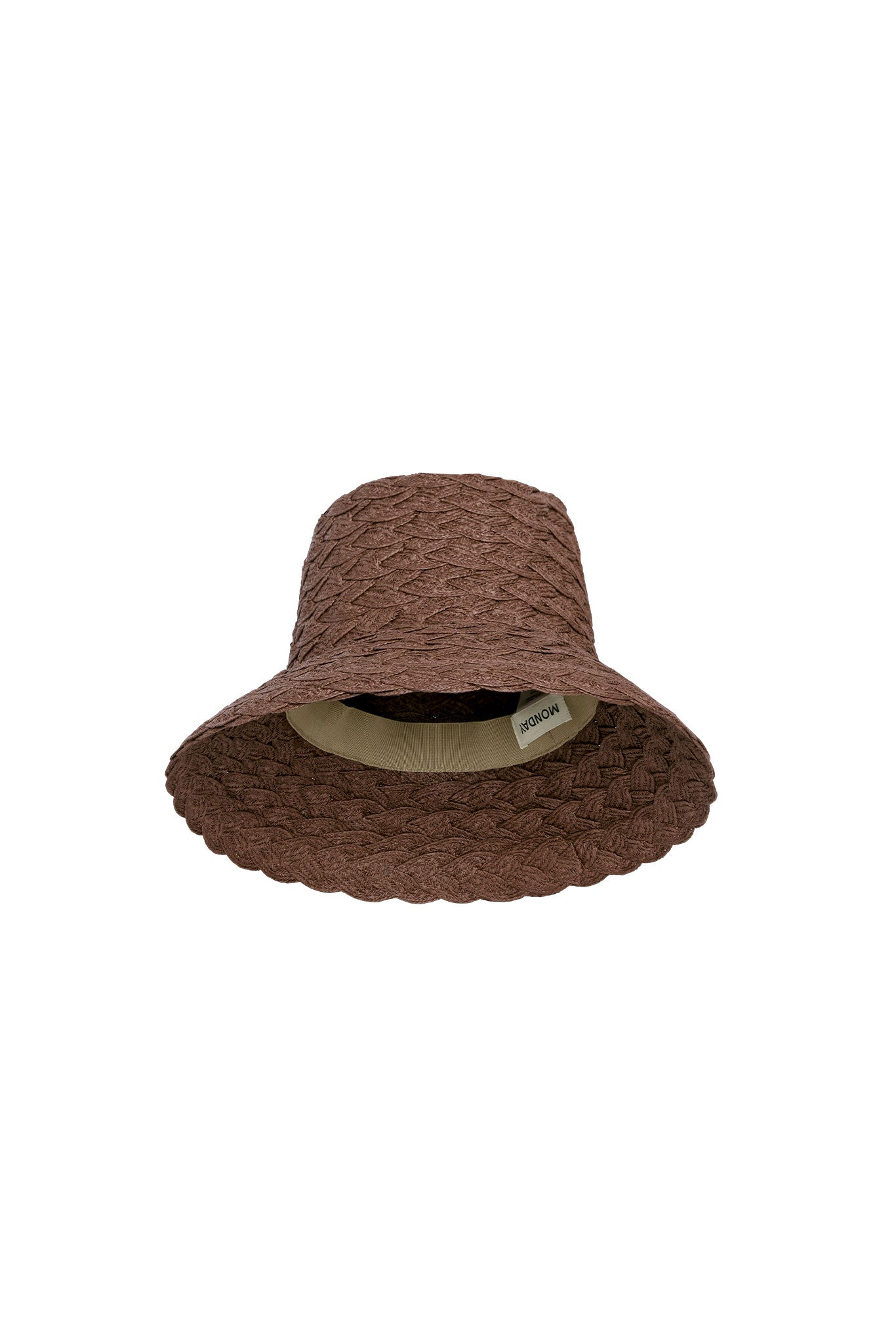 Brown braided straw bucket hat with wide scalloped brim, interior beige sweatband and tag reading "MONDAY".