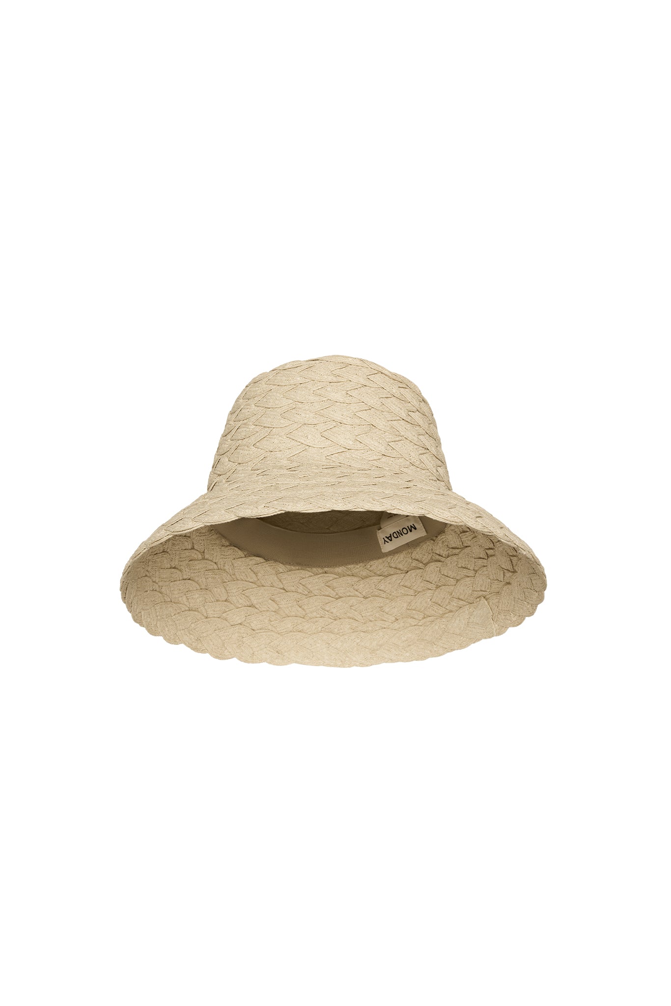 Beige braided straw sun hat with wide floppy brim; interior label reads MONDAY.