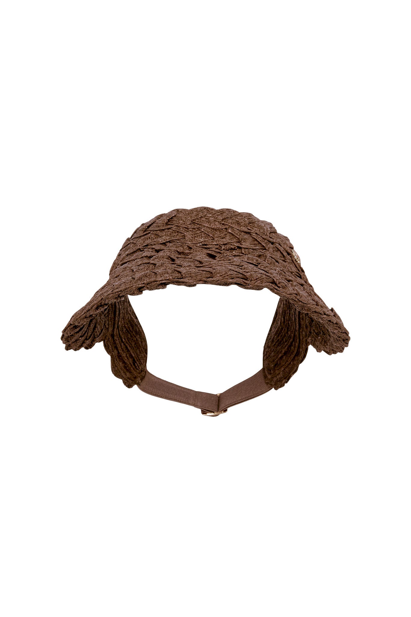 Brown woven sun visor with scalloped brim and adjustable fabric chin strap.