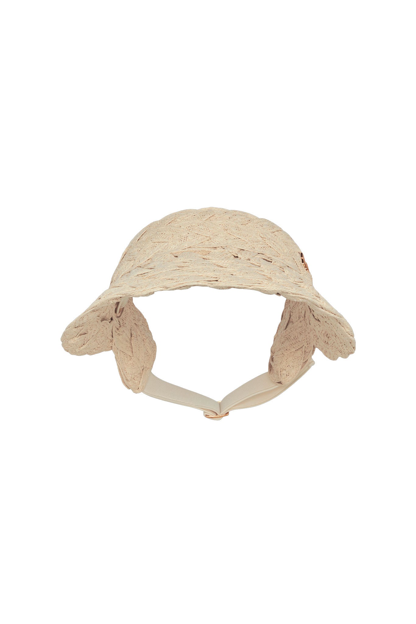 Beige crochet sun hat with ear flaps and adjustable chin strap, shown on white background.