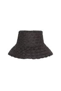 Front view of San Remo Hat in black showcasing textured paper raffia weave and scalloped brim with white background
