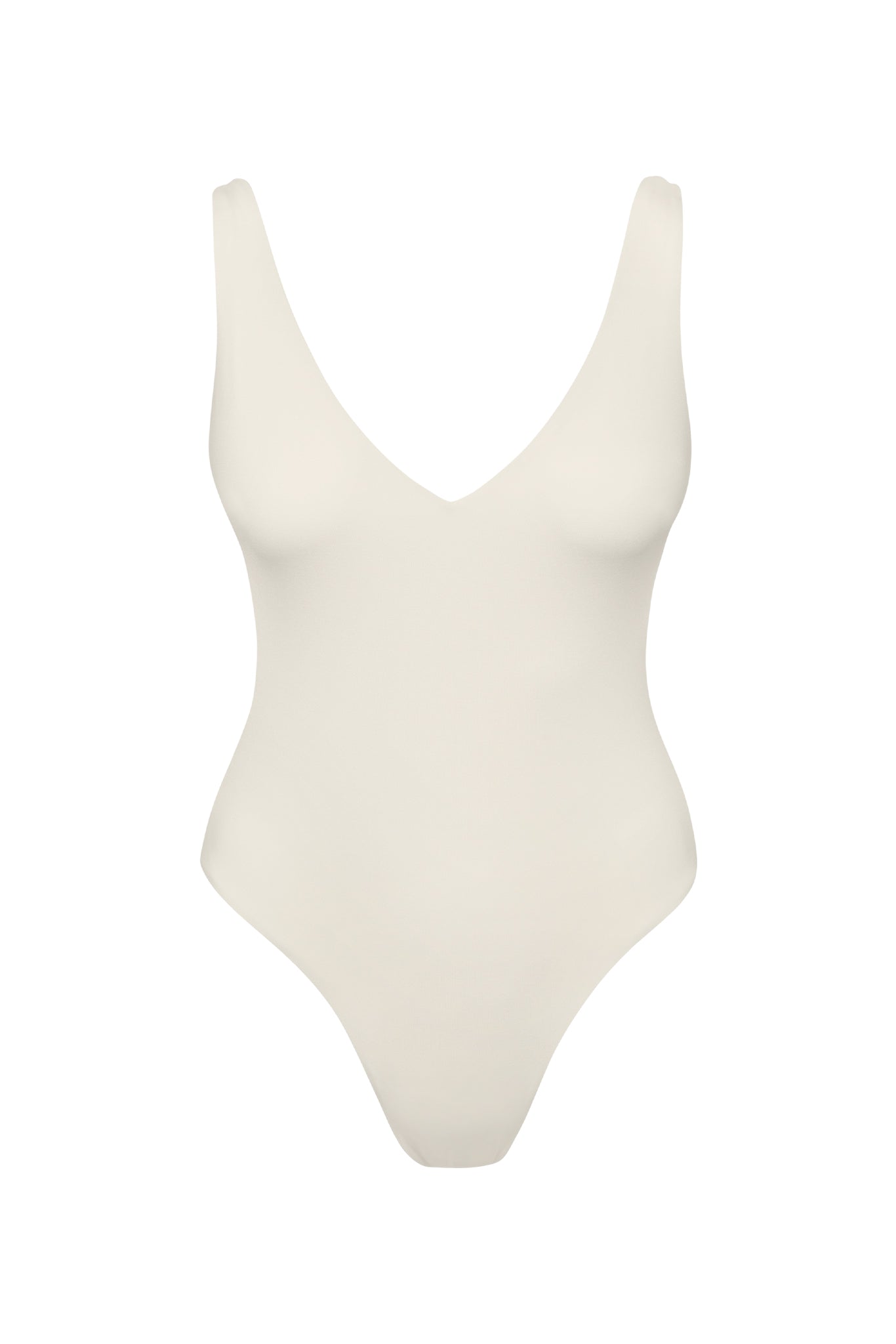 Cream V-neck one-piece swimsuit with high-cut leg and wide shoulder straps, seamless minimalist style.