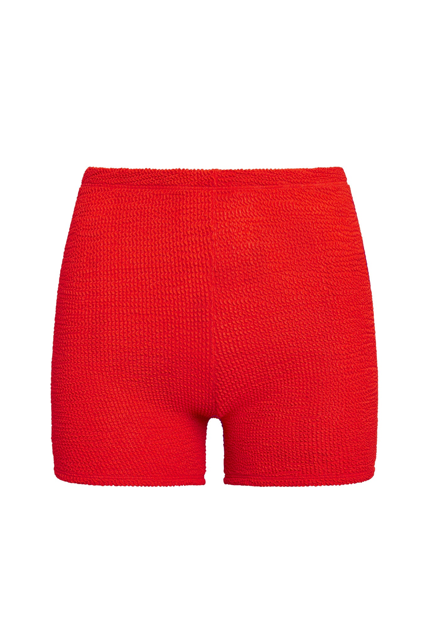 Red textured high‑rise knit shorts on white background.