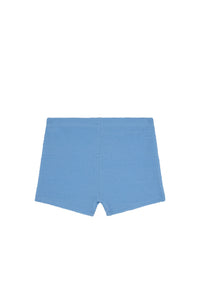 Front view of Santa Cruz kids' swim shorts in Azure Crinkle showing crinkled texture and elastic waist on white background