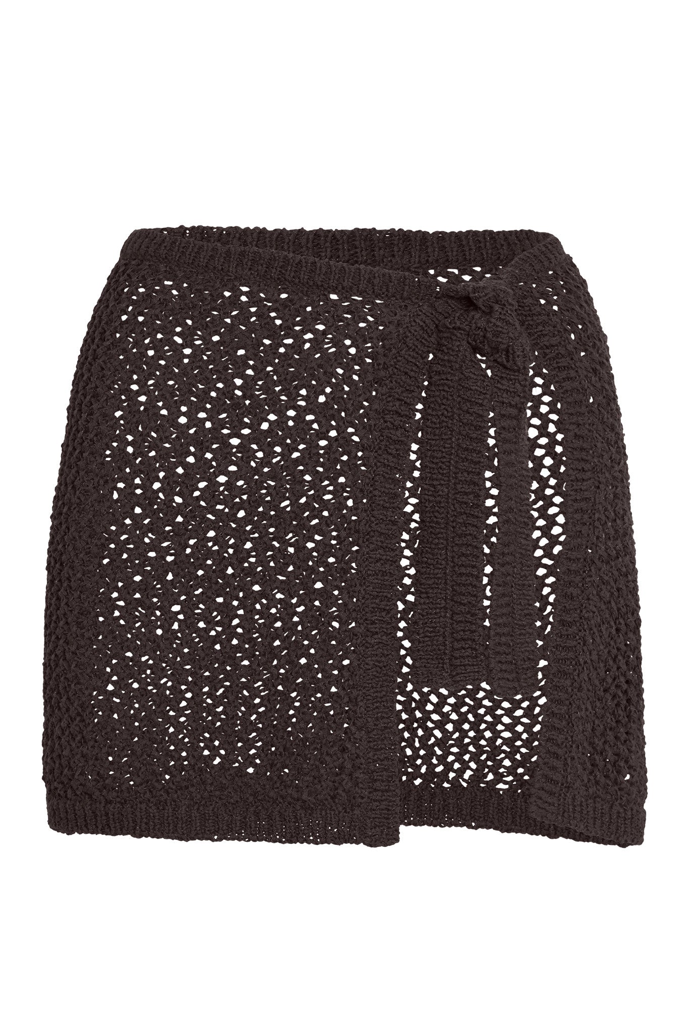 Crocheted open-knit wrap skirt with side tie, dark brown, mini length