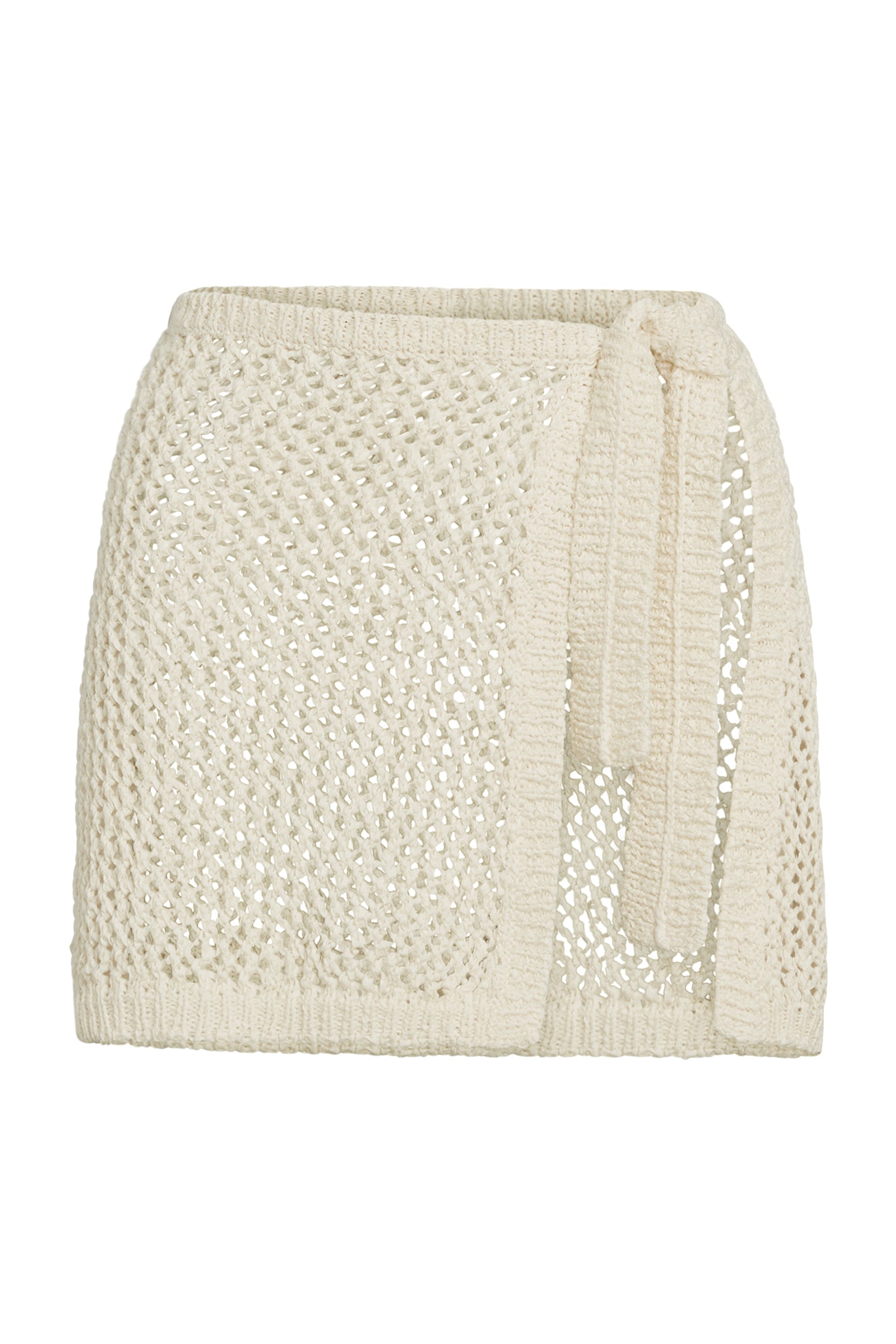 Cream open-knit wrap mini skirt with side tie and ribbed waistband