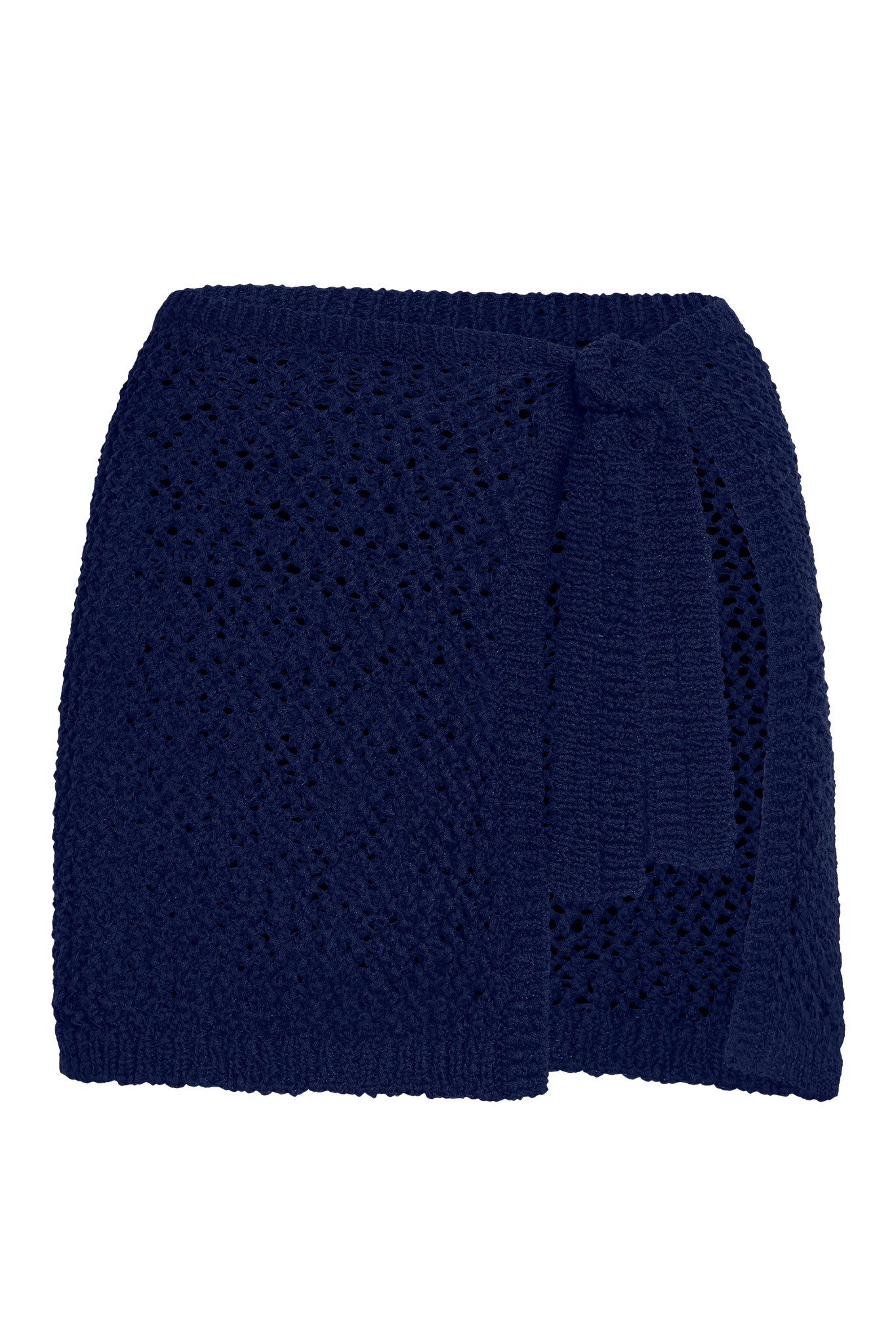 Navy blue crochet-knit wrap skirt with ribbed waistband and tied side sash