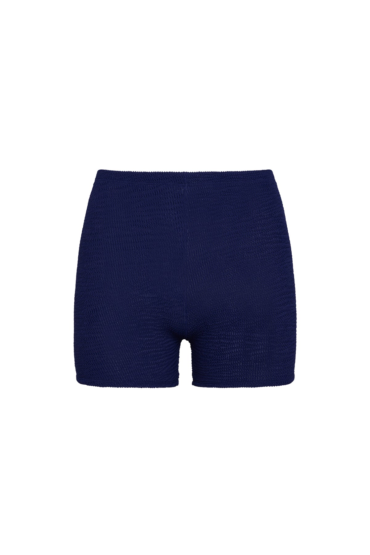 Front view of Santa Cruz Short in Midnight Crinkle showcasing high-waisted recycled crinkle swim fabric on white background
