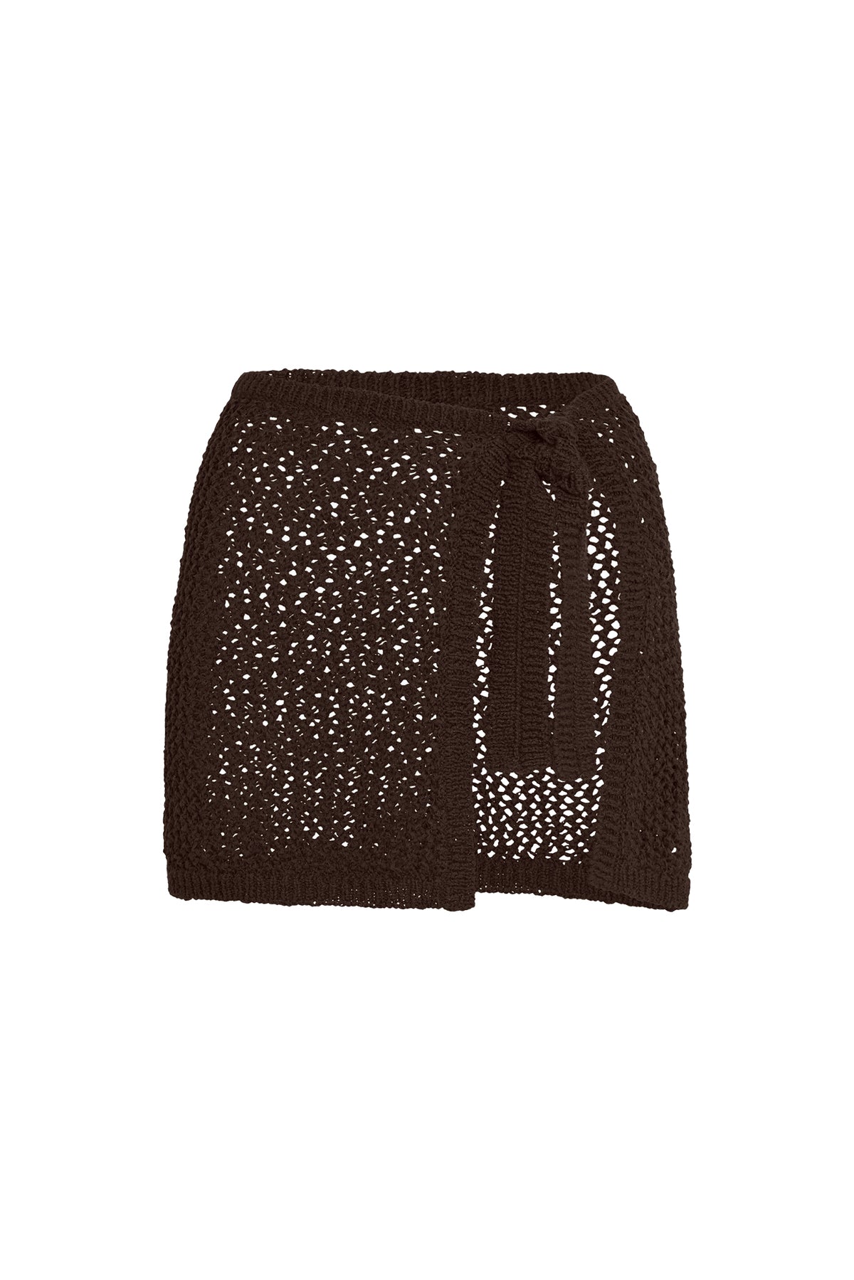 Front view of Santa Marta Sarong in espresso petit crochet showcasing adjustable wrap tie and sheer unlined knit on white