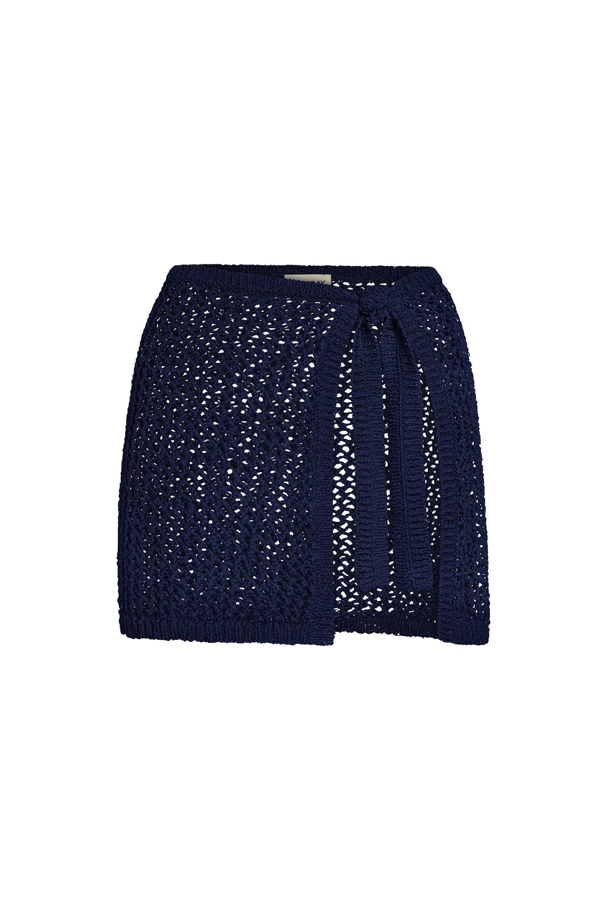 Front view of Santa Marta Sarong in Midnight Petit Crochet showcasing crochet knit and wrap tie on white background