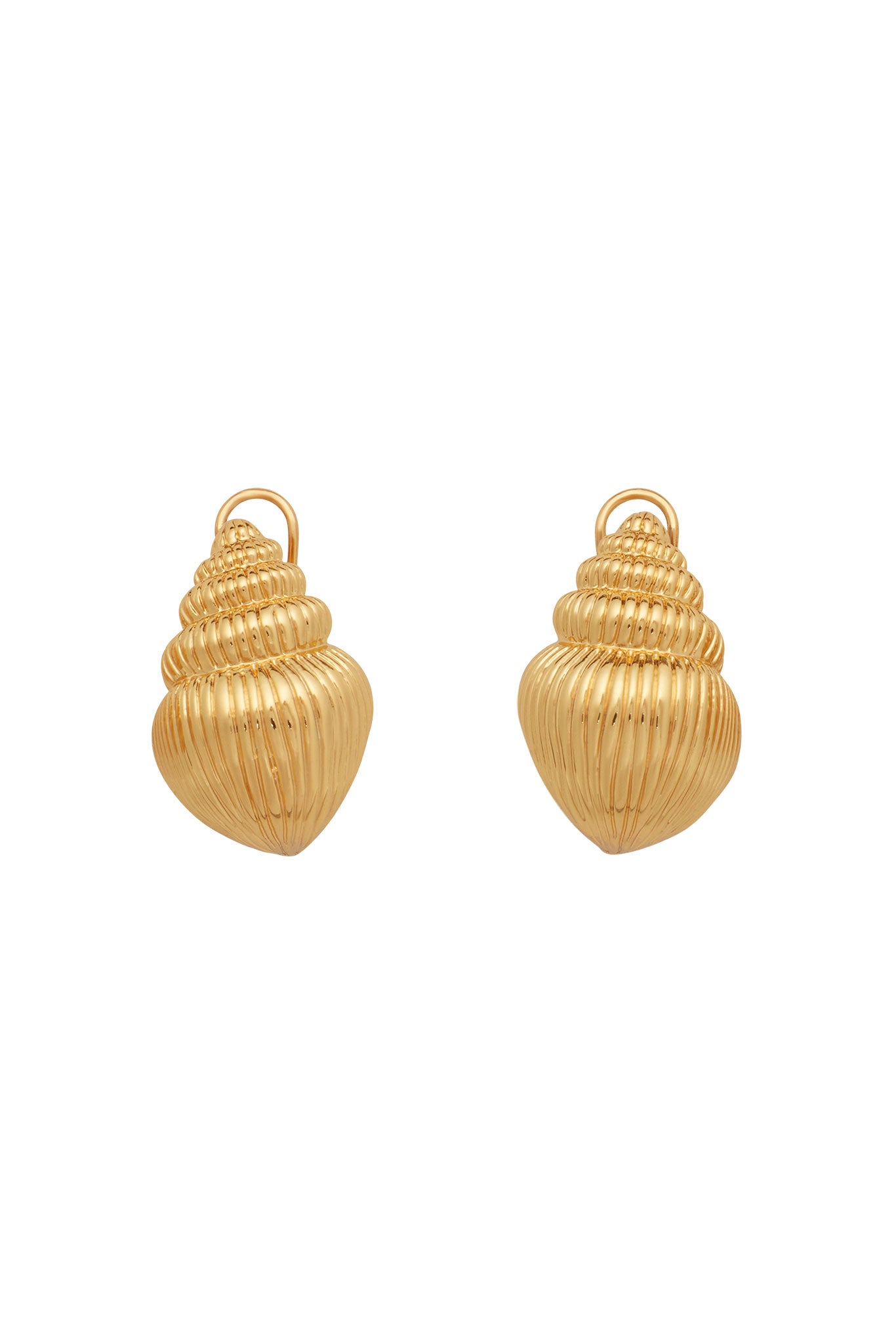 Pair of ribbed gold shell-shaped pendant charms with top loops on a white background